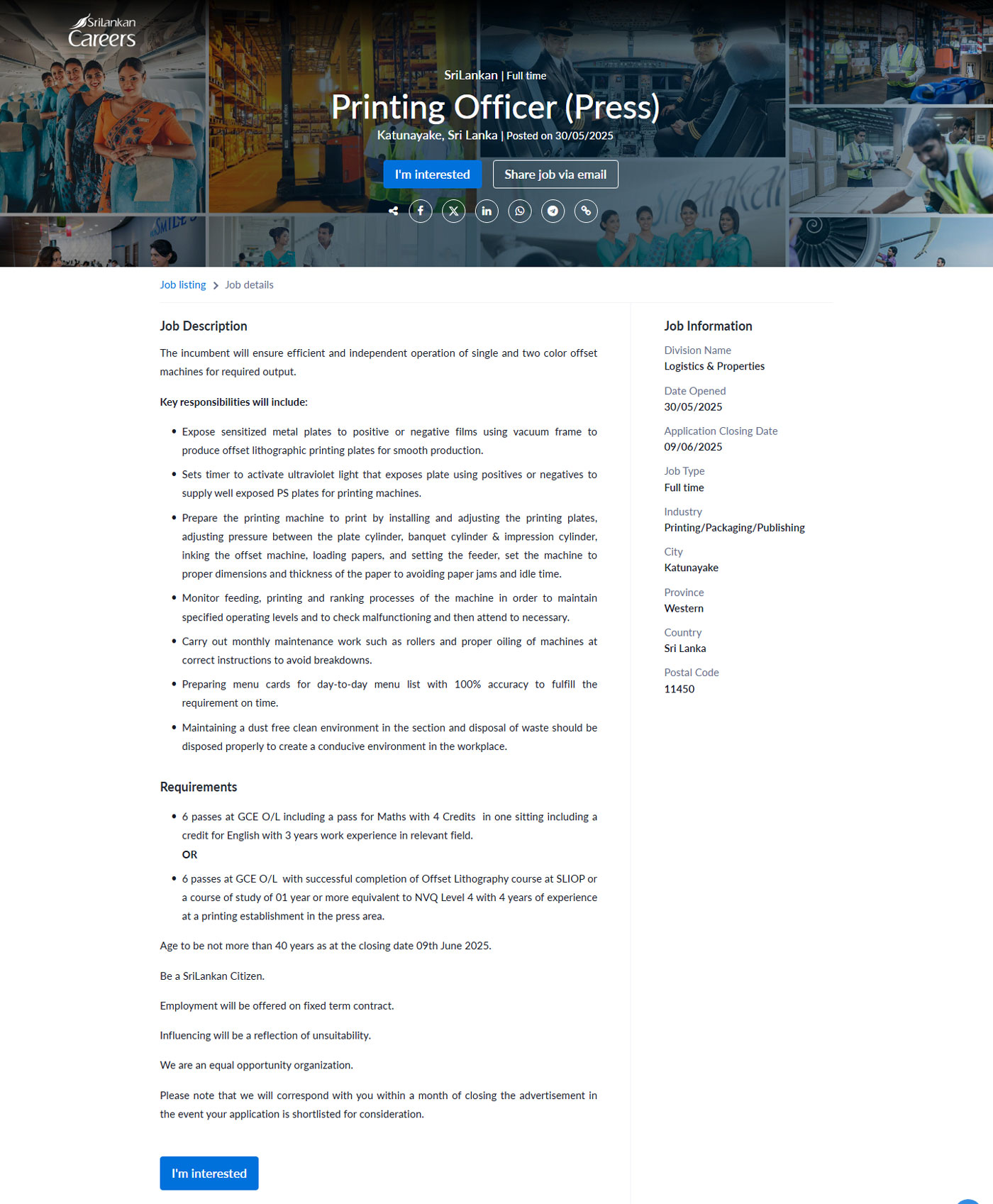 Facilities Executive (General Services), Printing Officer (Press) - Sri Lankan Airlines Limited