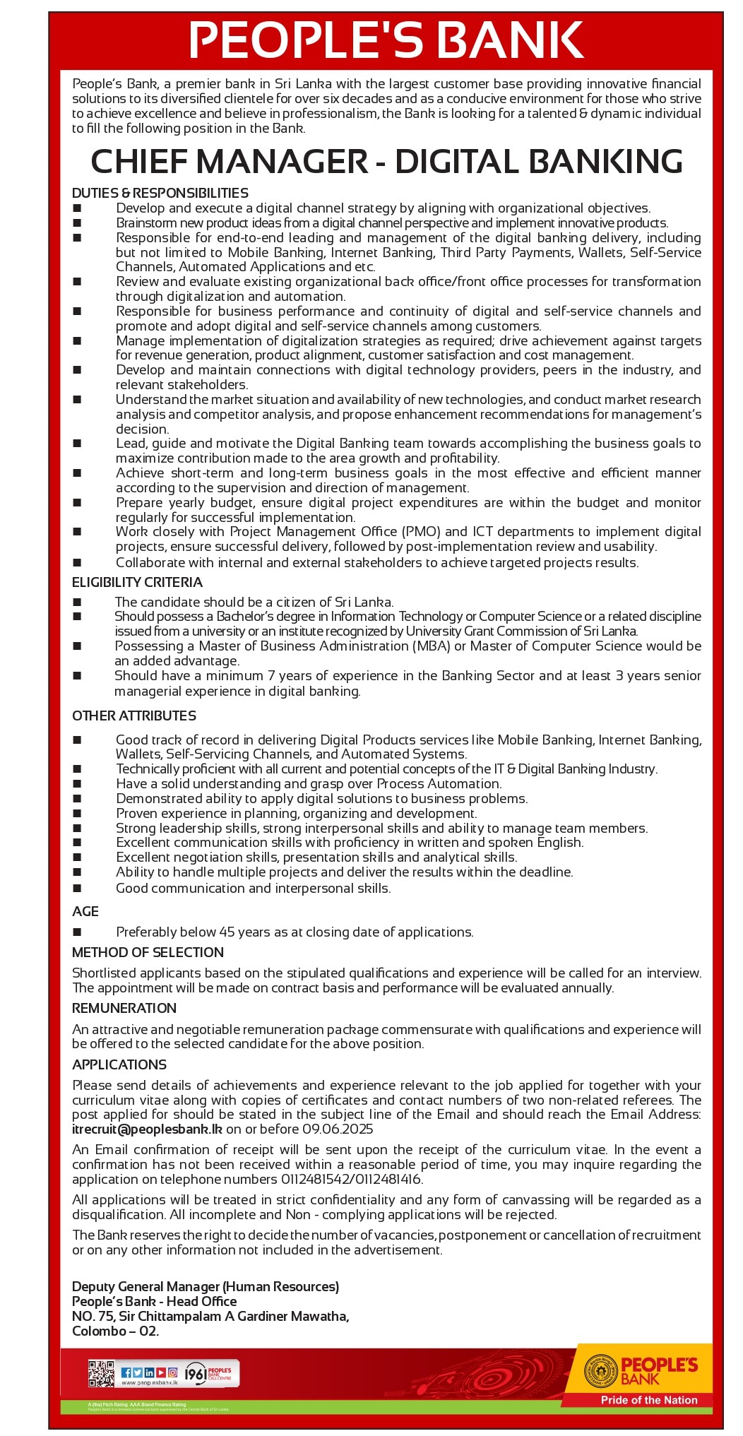 Chief Manager (Digital Banking) - People’s Bank