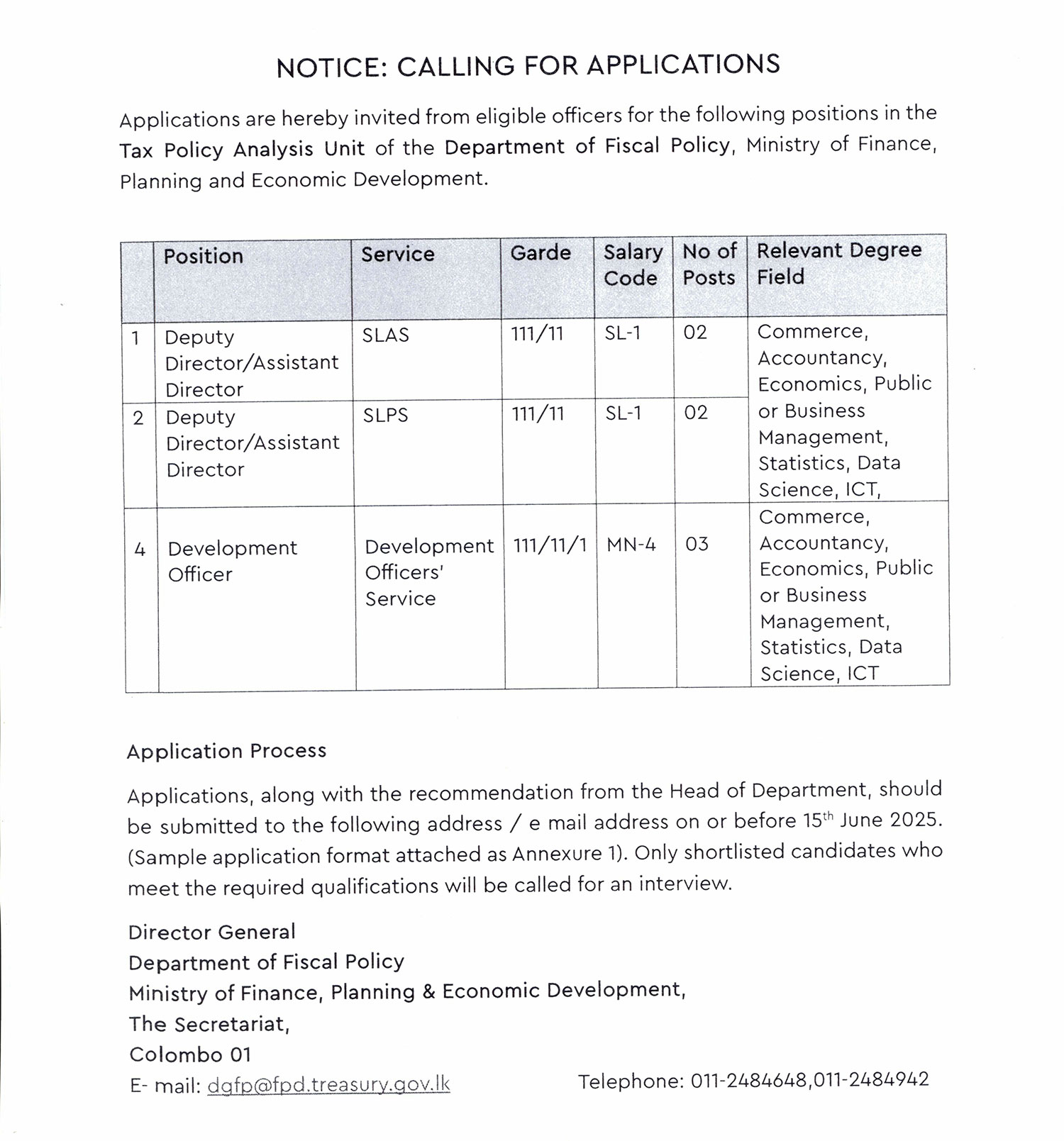 Development Officer, Deputy Director/Assistant Director - Ministry of Finance, Planning & Economic Development