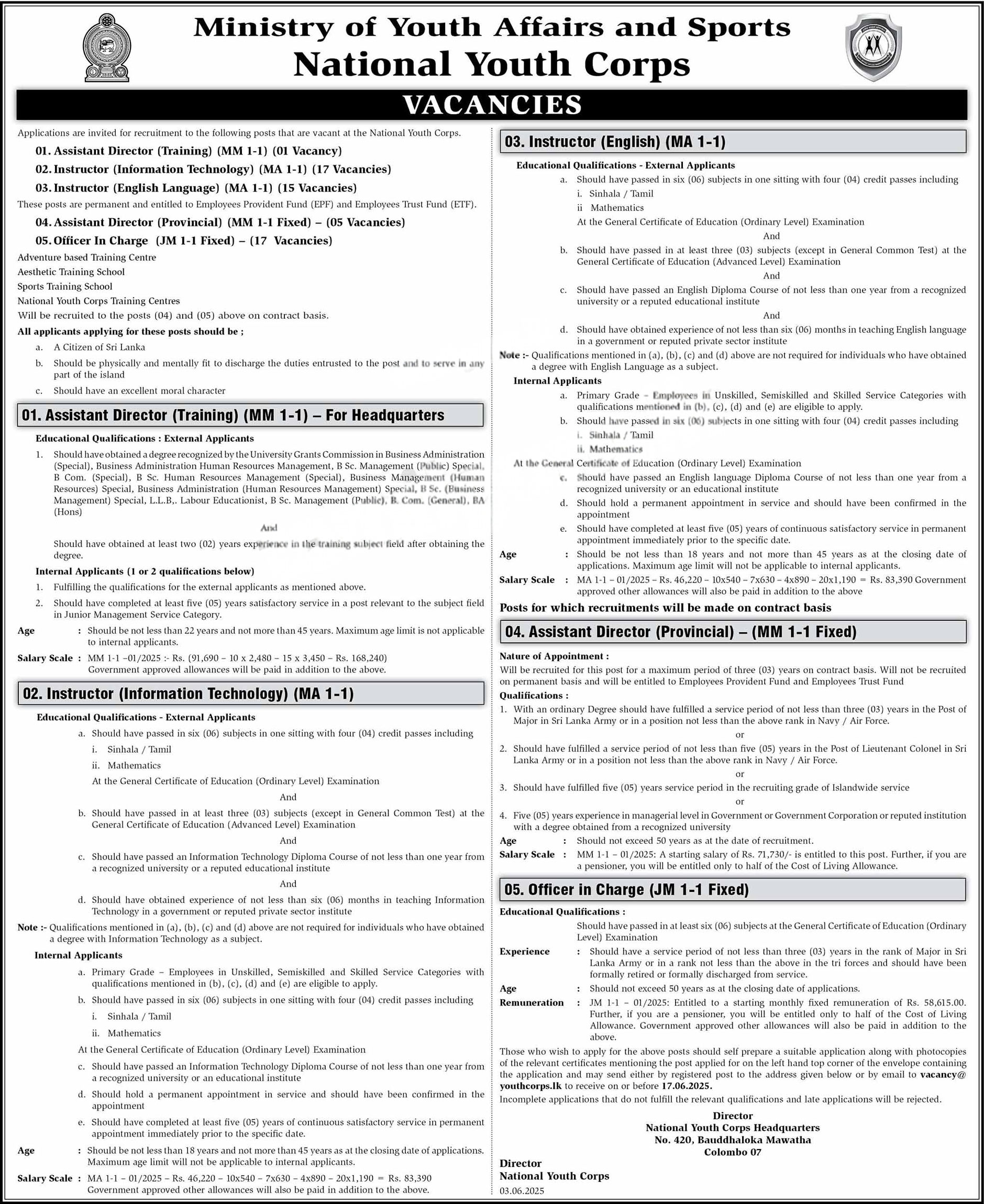 Assistant Director, Instructor, Officer in Charge - National Youth Corps