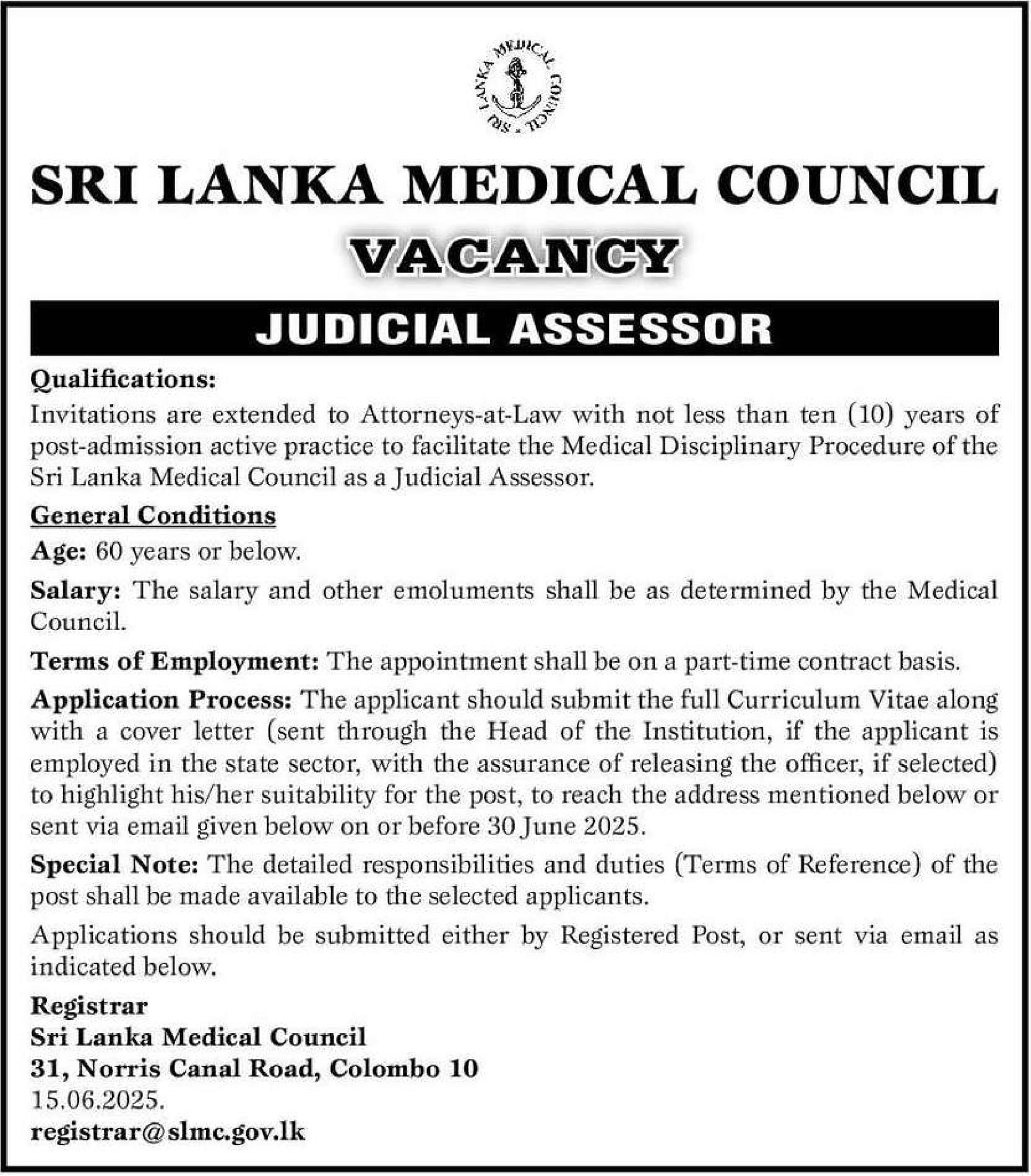 Judicial Assessor - Sri Lanka Medical Council