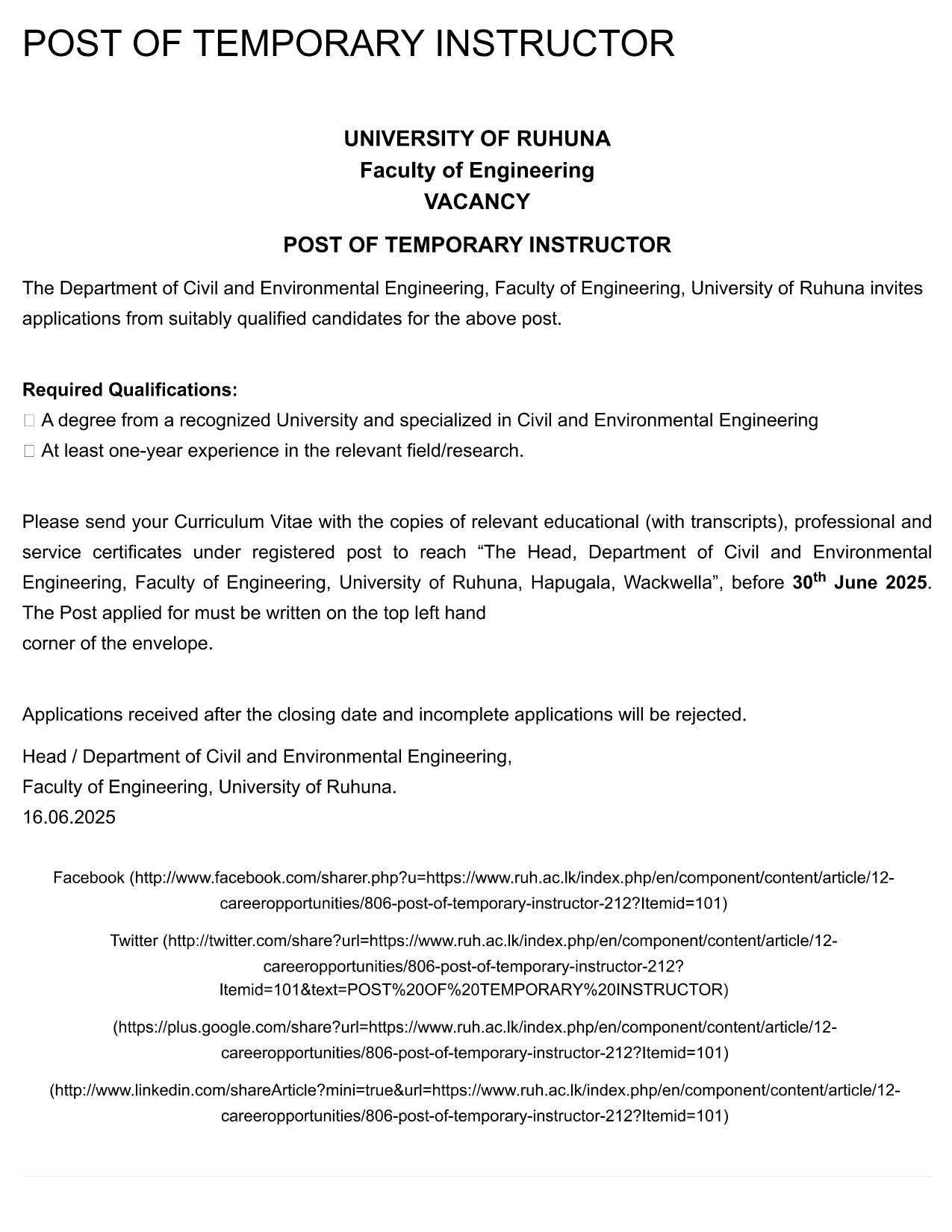 Temporary Instructor - University of Ruhuna