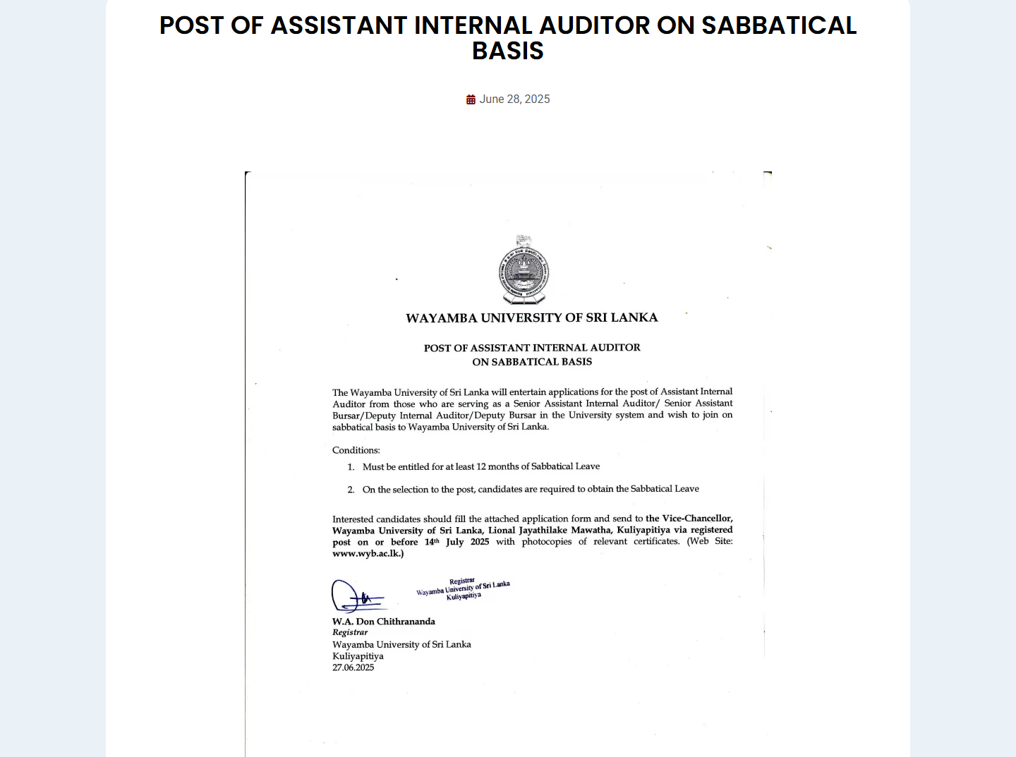 Assistant Internal Auditor - Wayamba University of Sri Lanka