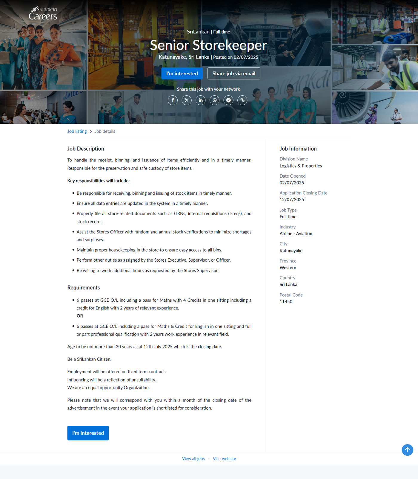 Senior Storekeeper - Sri Lankan Airlines Limited