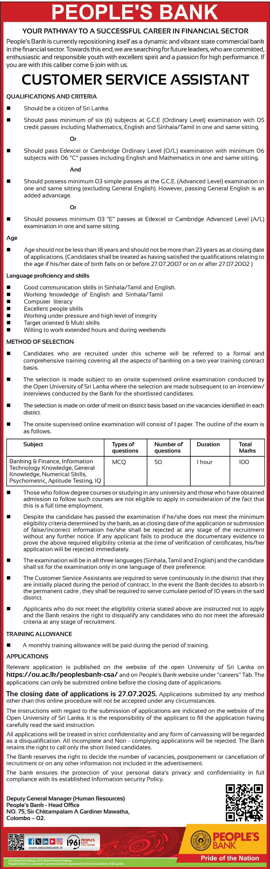 Customer Service Assistant - People’s Bank
