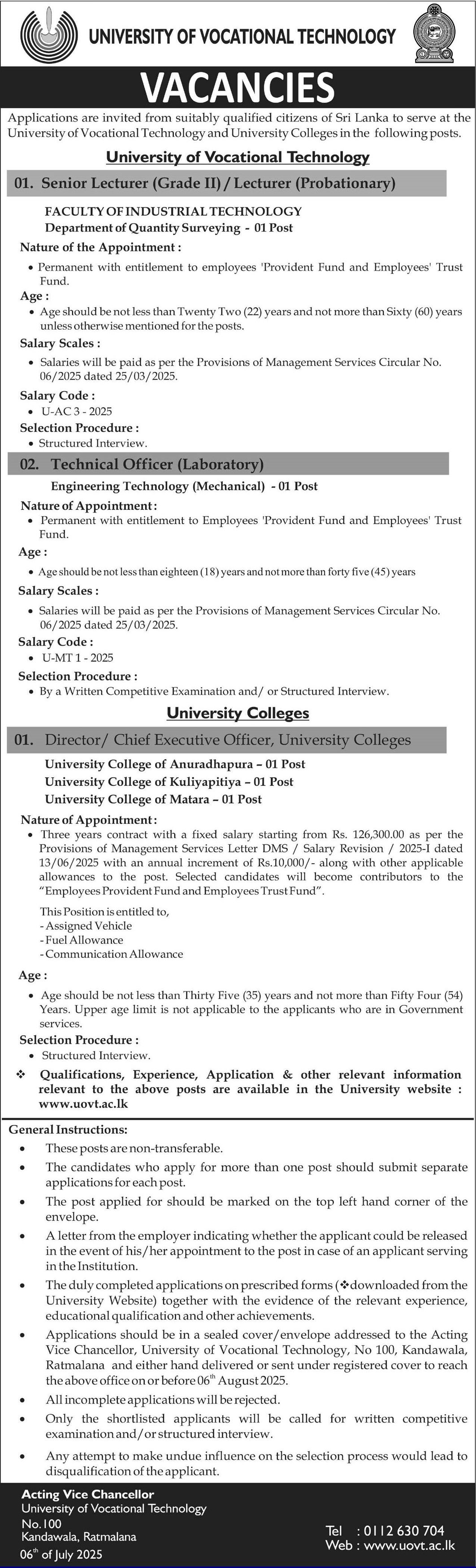 Director/Chief Executive Officer, Technical Officer, Senior Lecturer, Lecturer - University of Vocational Technology