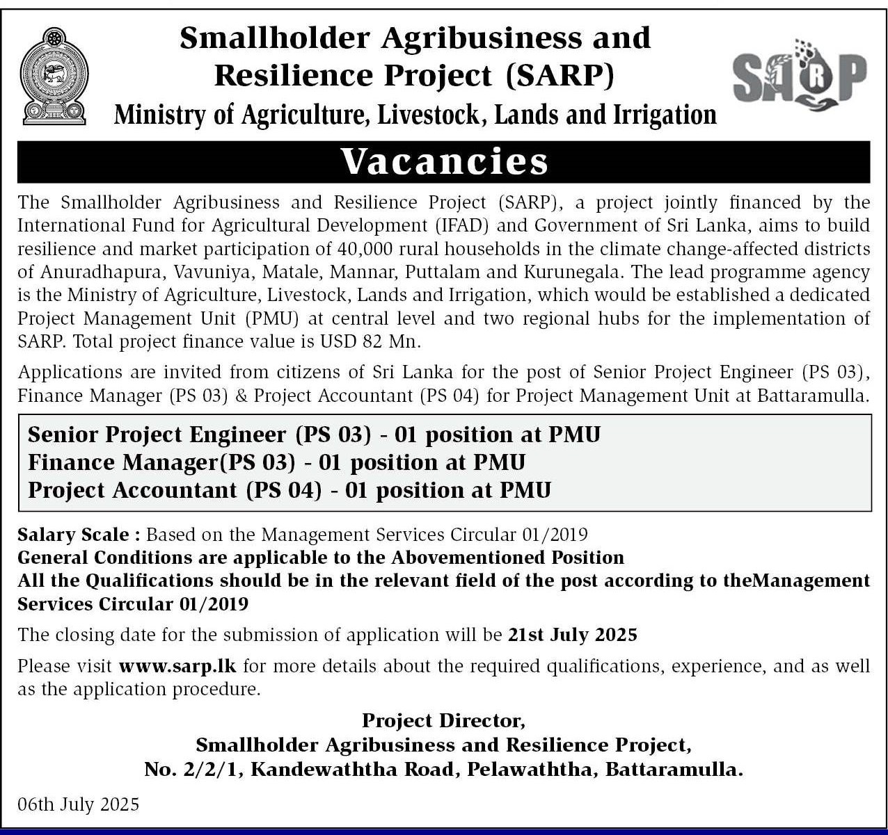 Senior Project Engineer, Finance Manager, Project Accountant - Smallholder Agribusiness & Resilience Project - Ministry of Agriculture, Livestock, Lands & Irrigation
