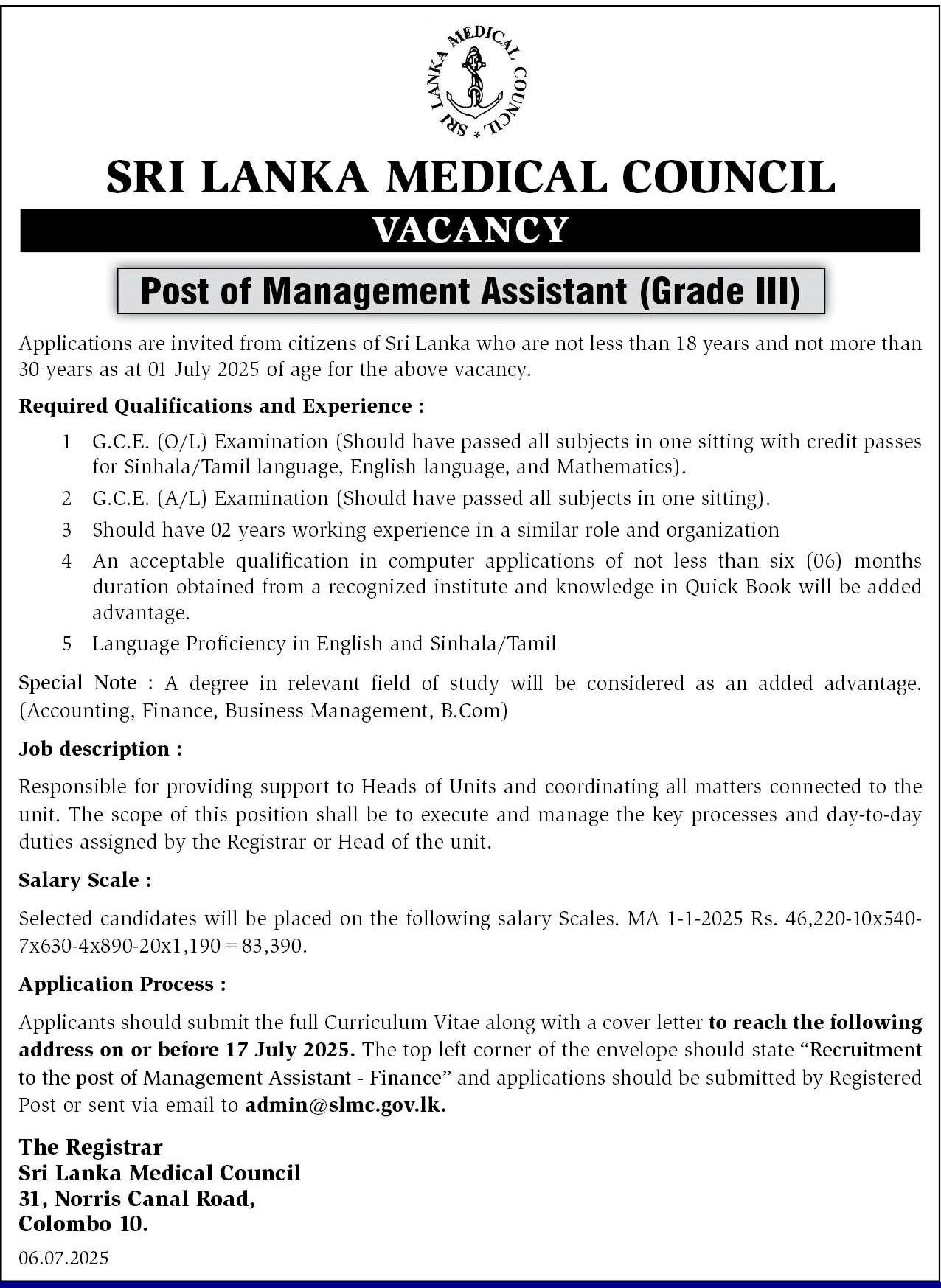 Management Assistant - Sri Lanka Medical Council