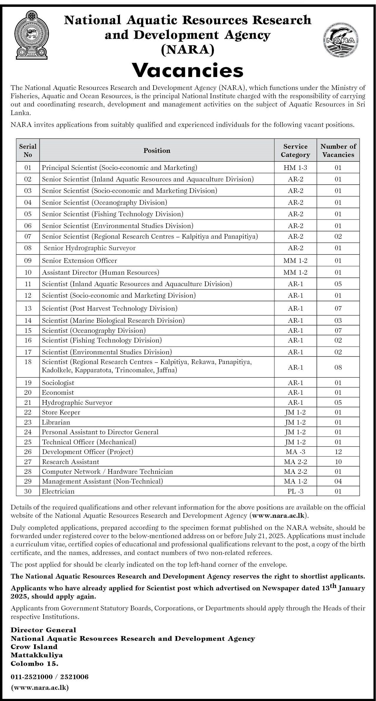 Management Assistant, Electrician, Research Assistant, Development Officer, Technical Officer, Personal Assistant to Director General, Librarian, Store Keeper & more Vacancies - National Aquatic Resources Research & Development Agency