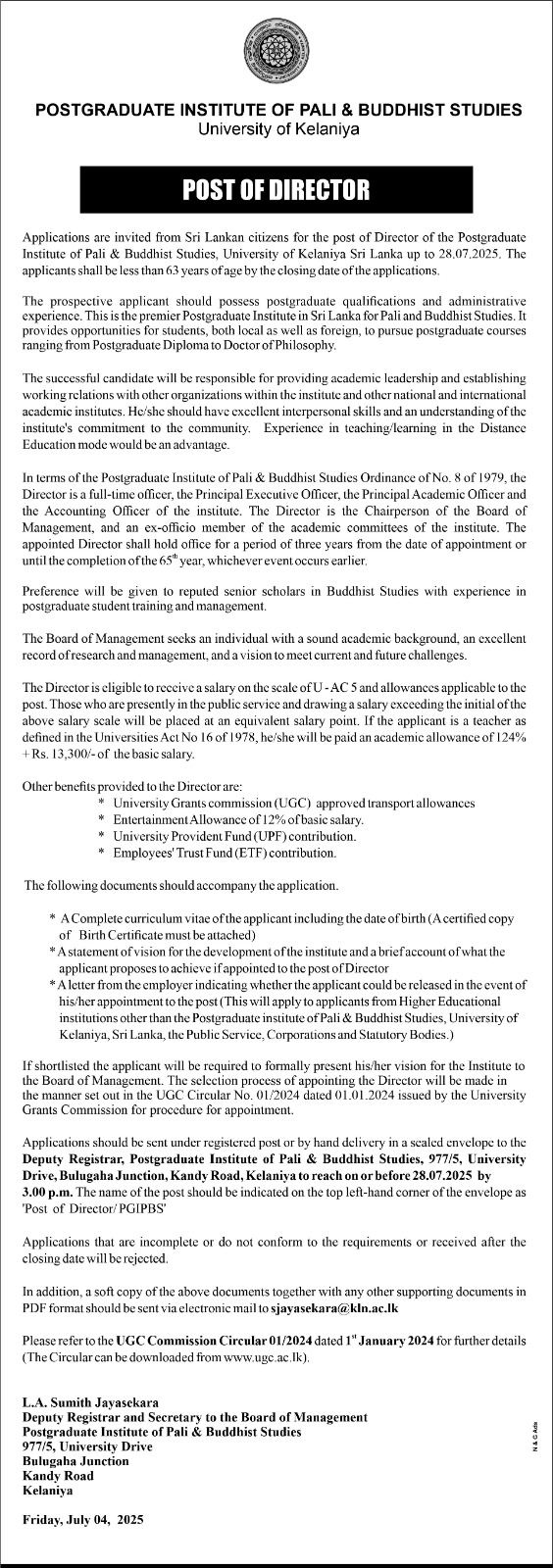 Director - University of Kelaniya