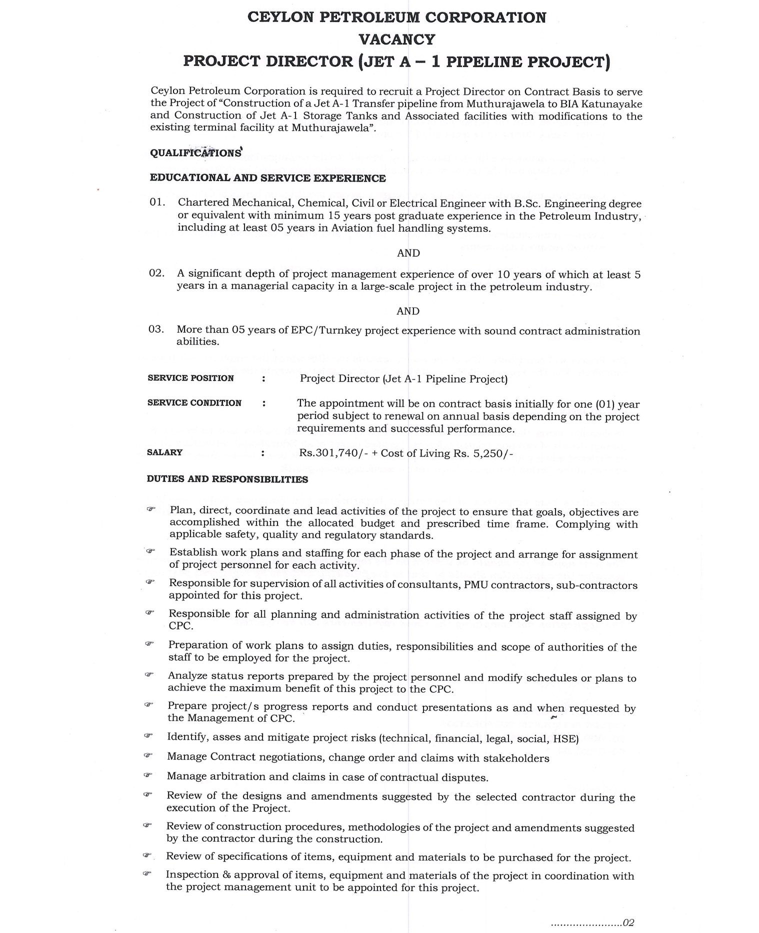 Project Director - Ceylon Petroleum Corporation