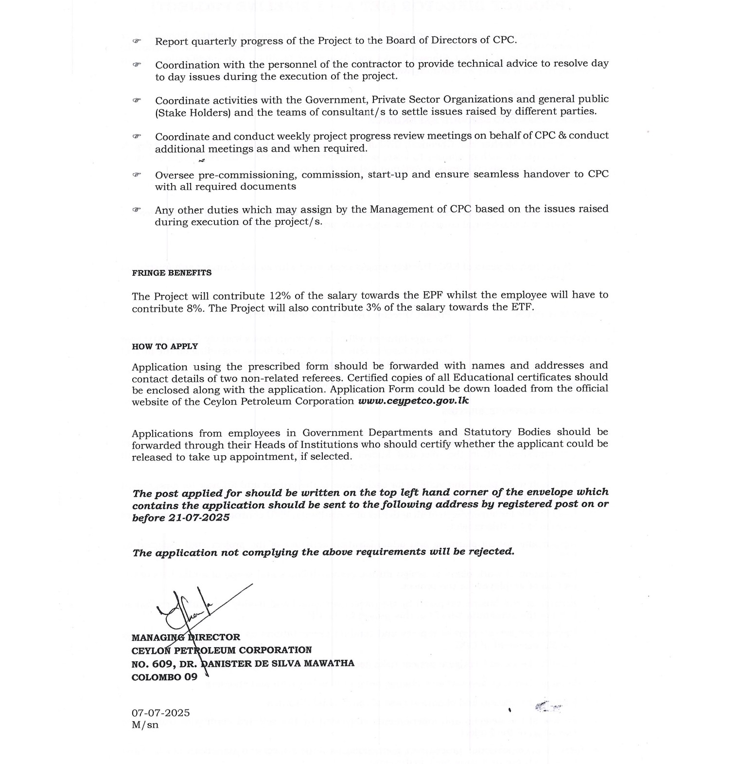 Project Director - Ceylon Petroleum Corporation