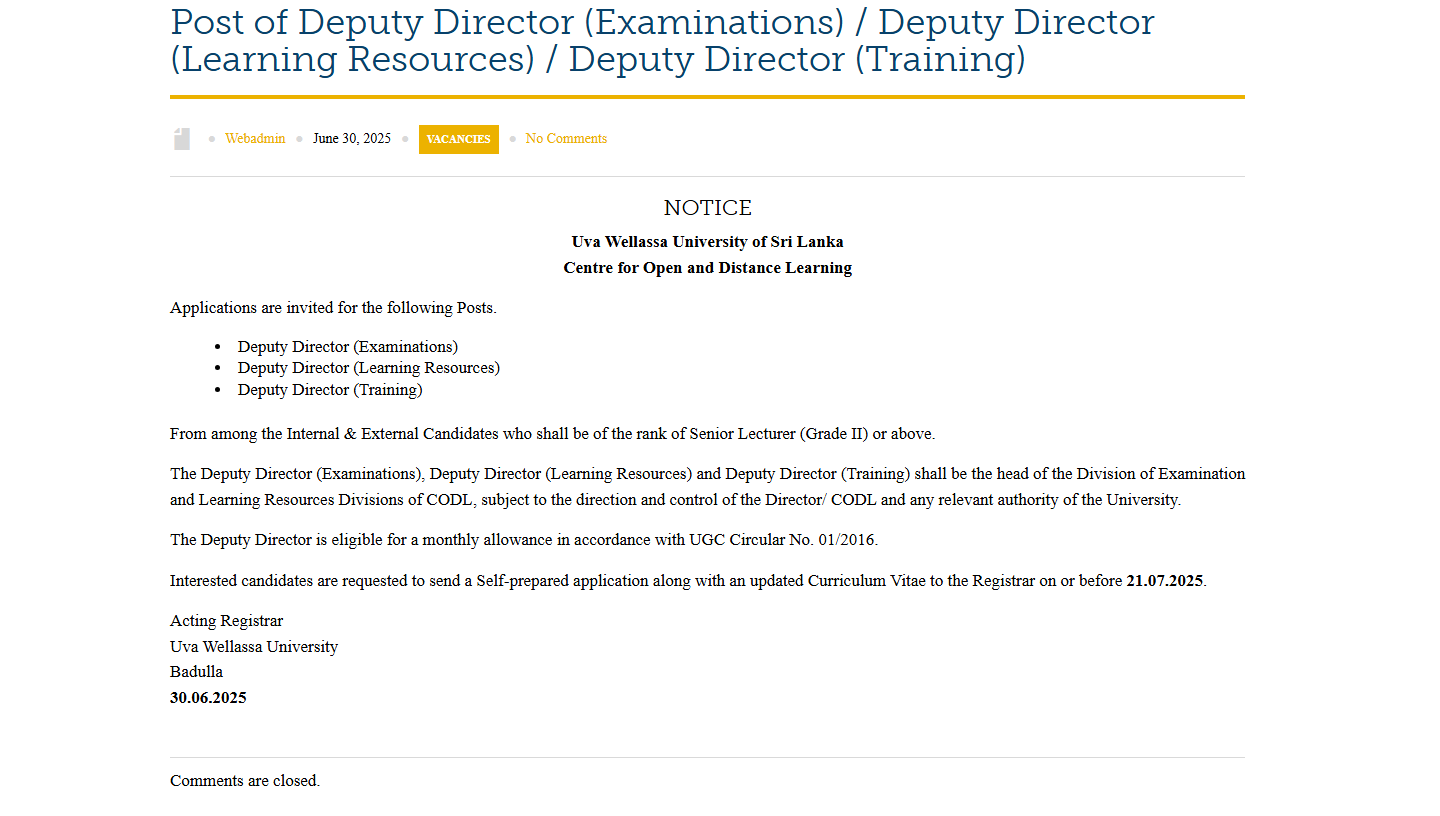 Deputy Director - Uva Wellassa University of Sri Lanka
