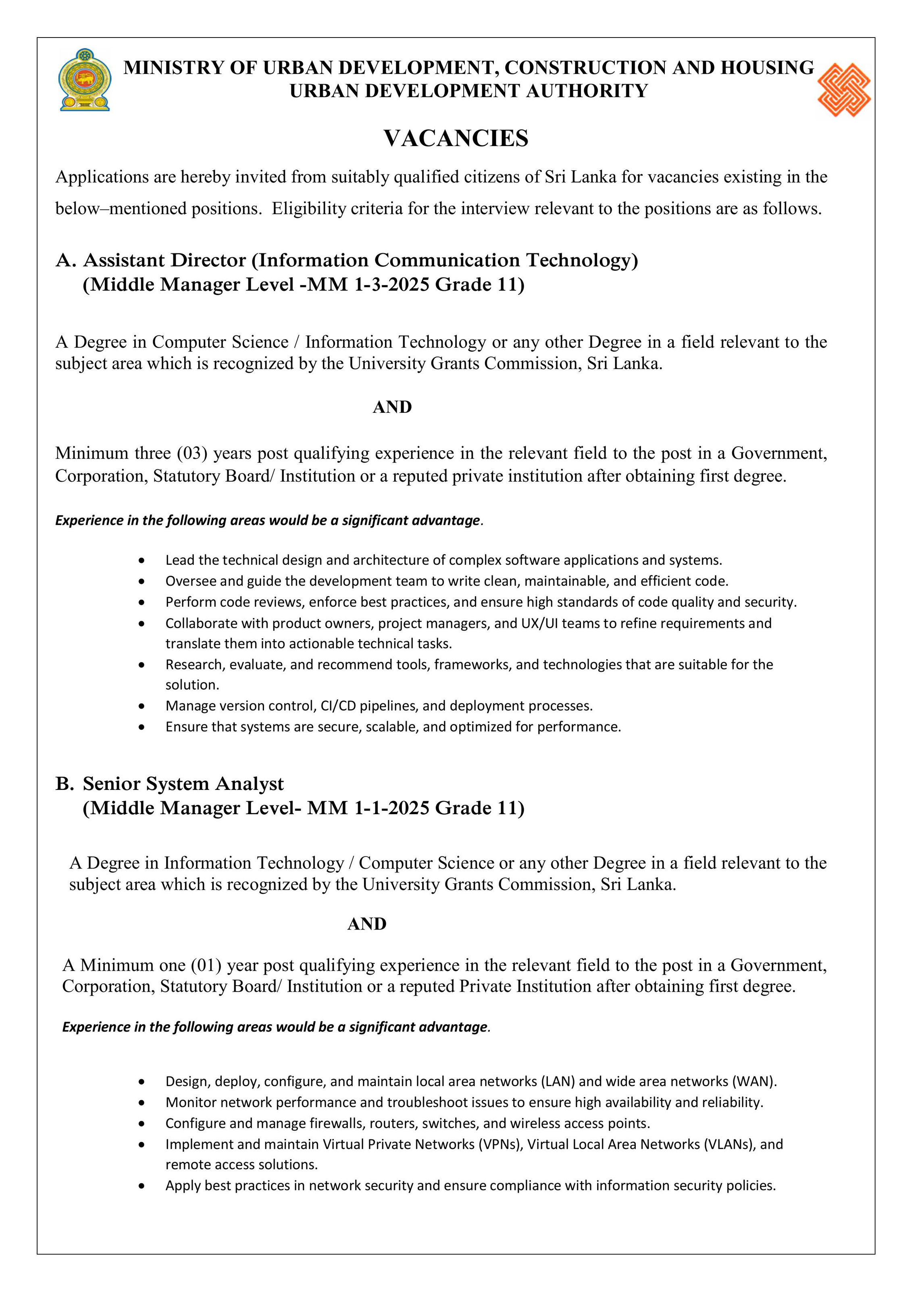 Assistant Director (ICT), Senior System Analyst, Information & Communication Technology Officer - Urban Development Authority