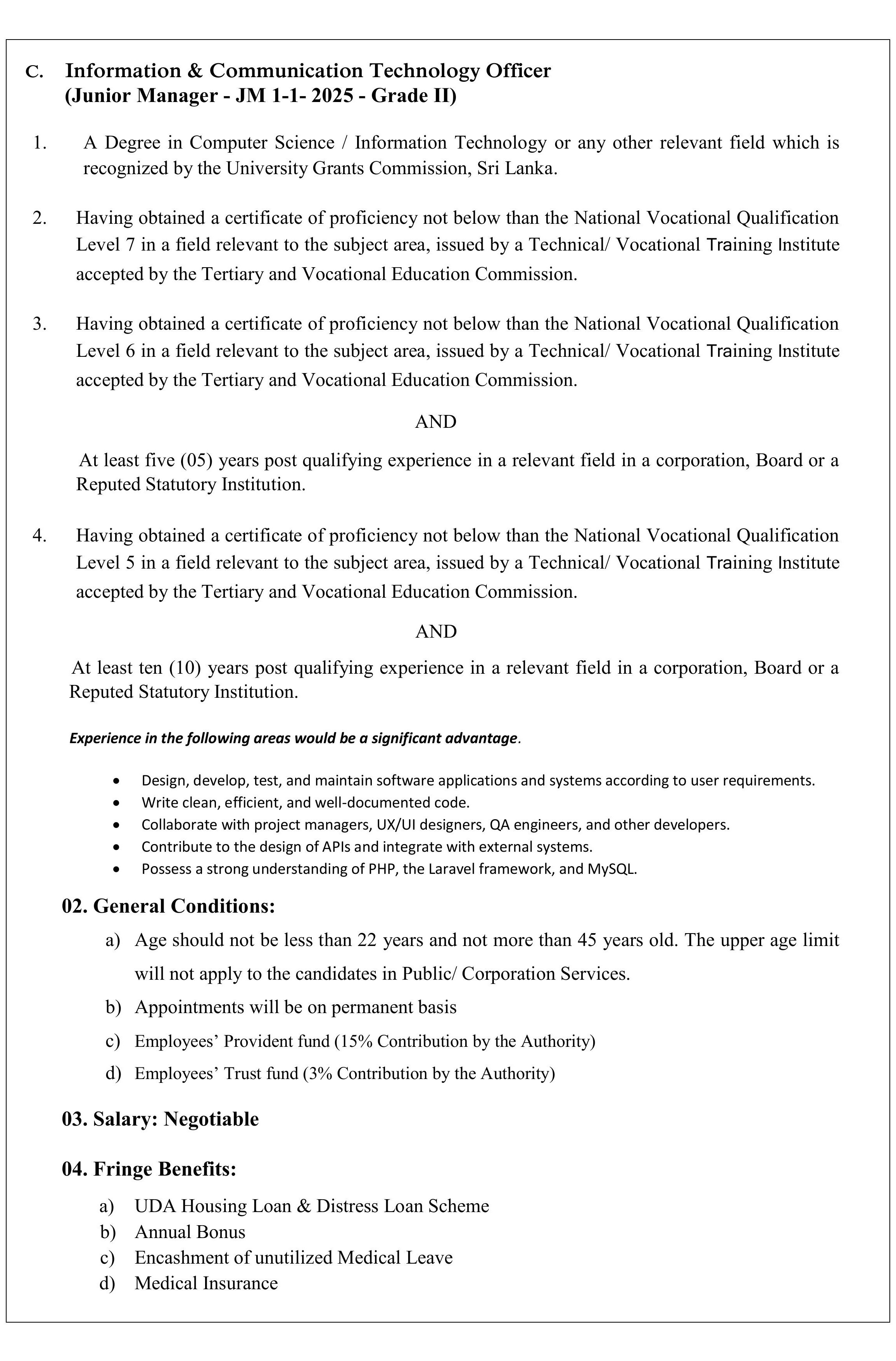 Assistant Director (ICT), Senior System Analyst, Information & Communication Technology Officer - Urban Development Authority