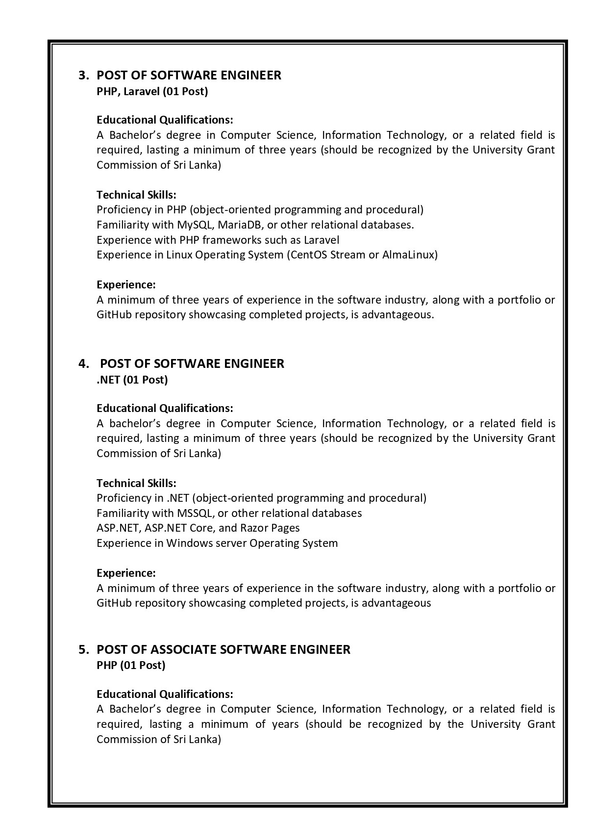 Senior Software Engineer, Software Engineer, Associate Software Engineer - Urban Development Authority
