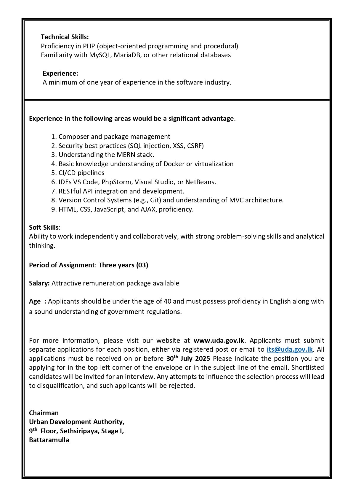Senior Software Engineer, Software Engineer, Associate Software Engineer - Urban Development Authority