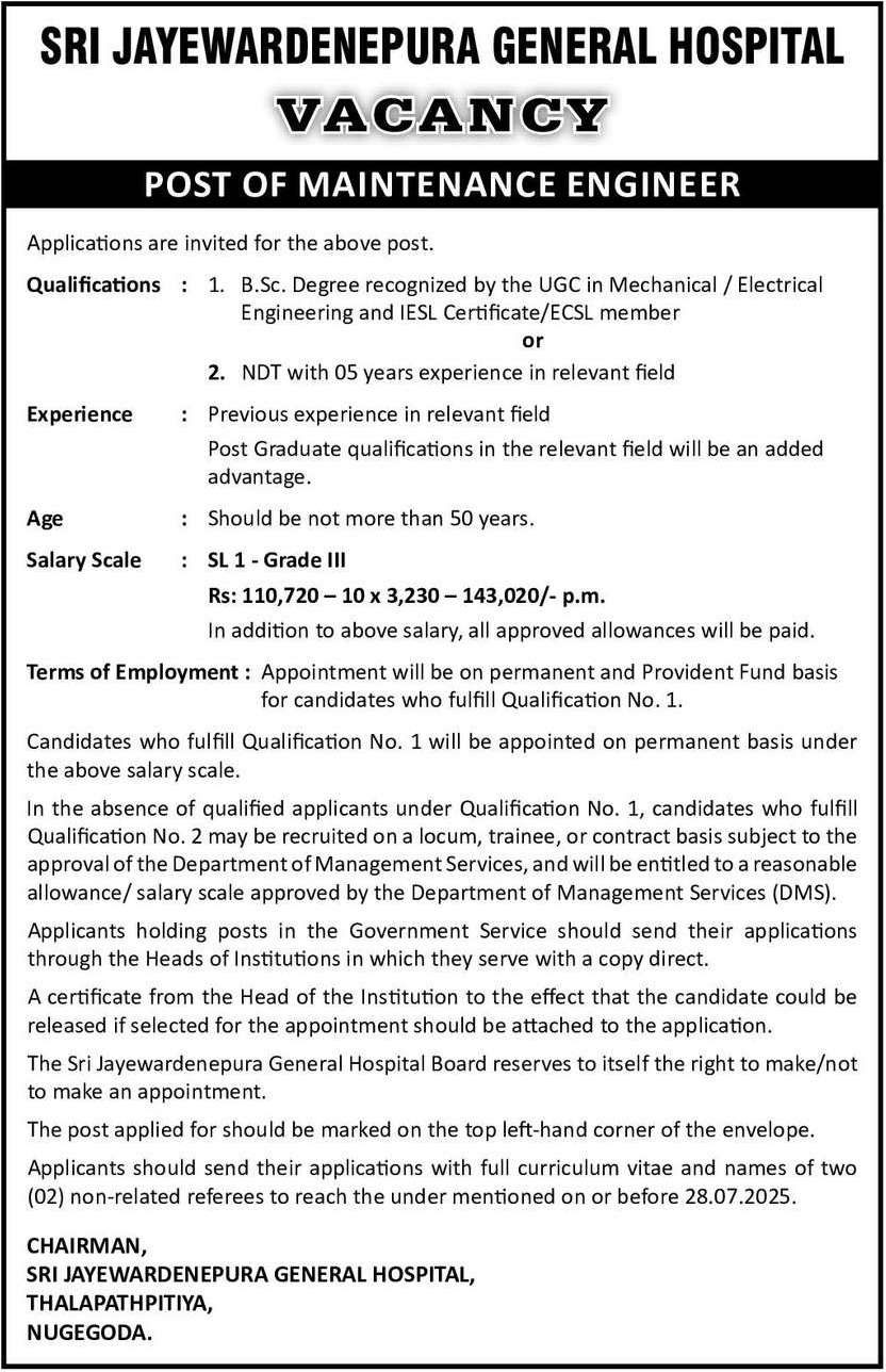 Maintenance Engineer - Sri Jayewardenepura General Hospital