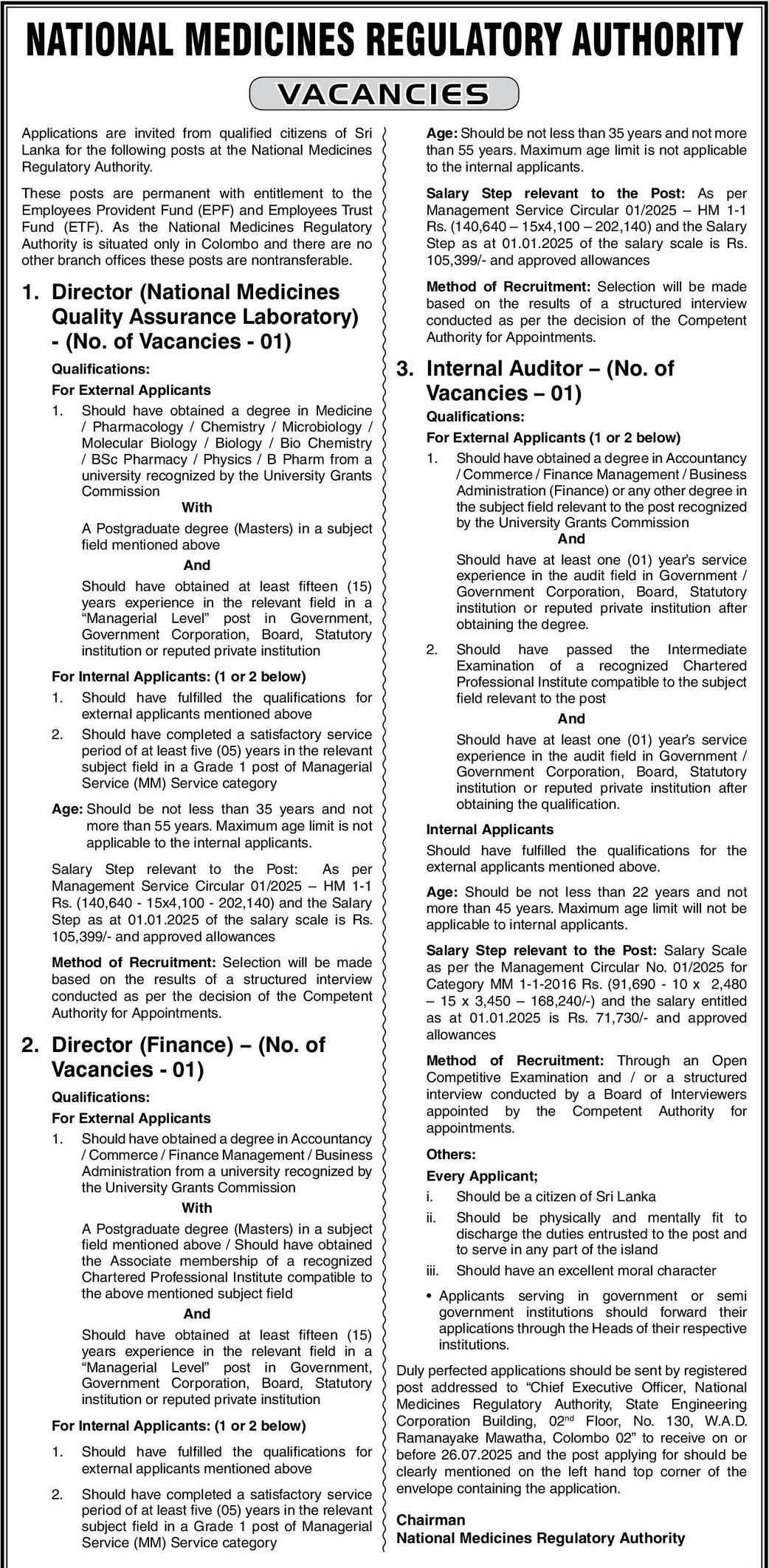 Director, Internal Auditor - National Medicines Regulatory Authority