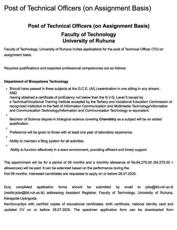 Technical Officer - University of Ruhuna