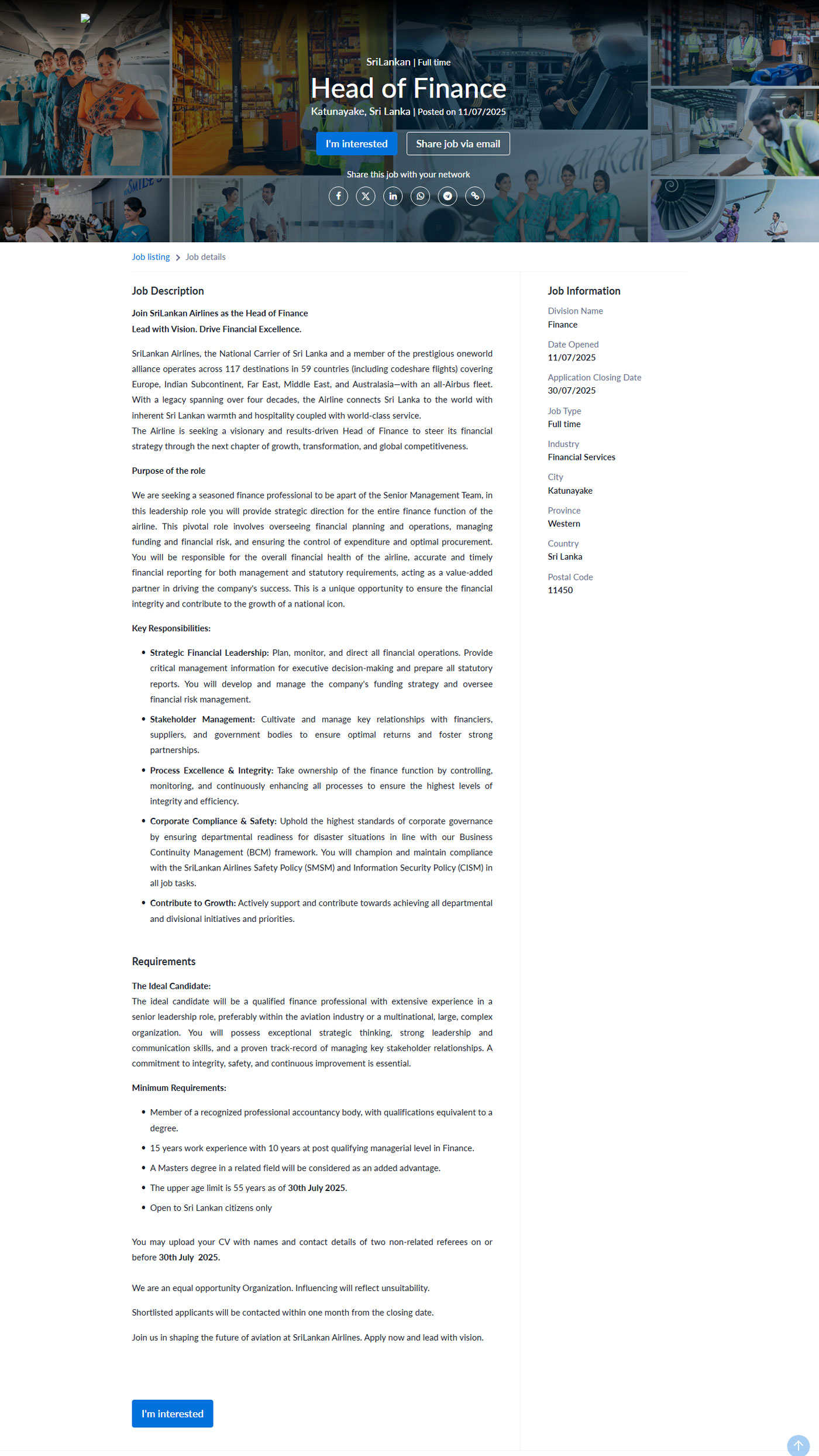 Head of Finance - Sri Lankan Airlines Limited