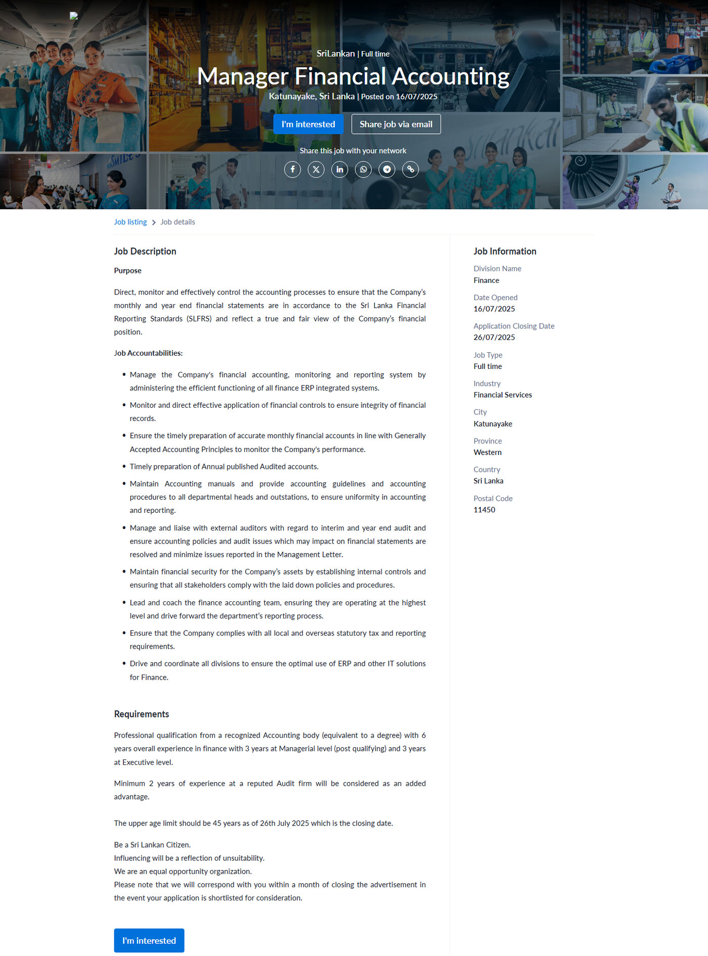 Manager (Financial Accounting) - Sri Lankan Airlines Limited