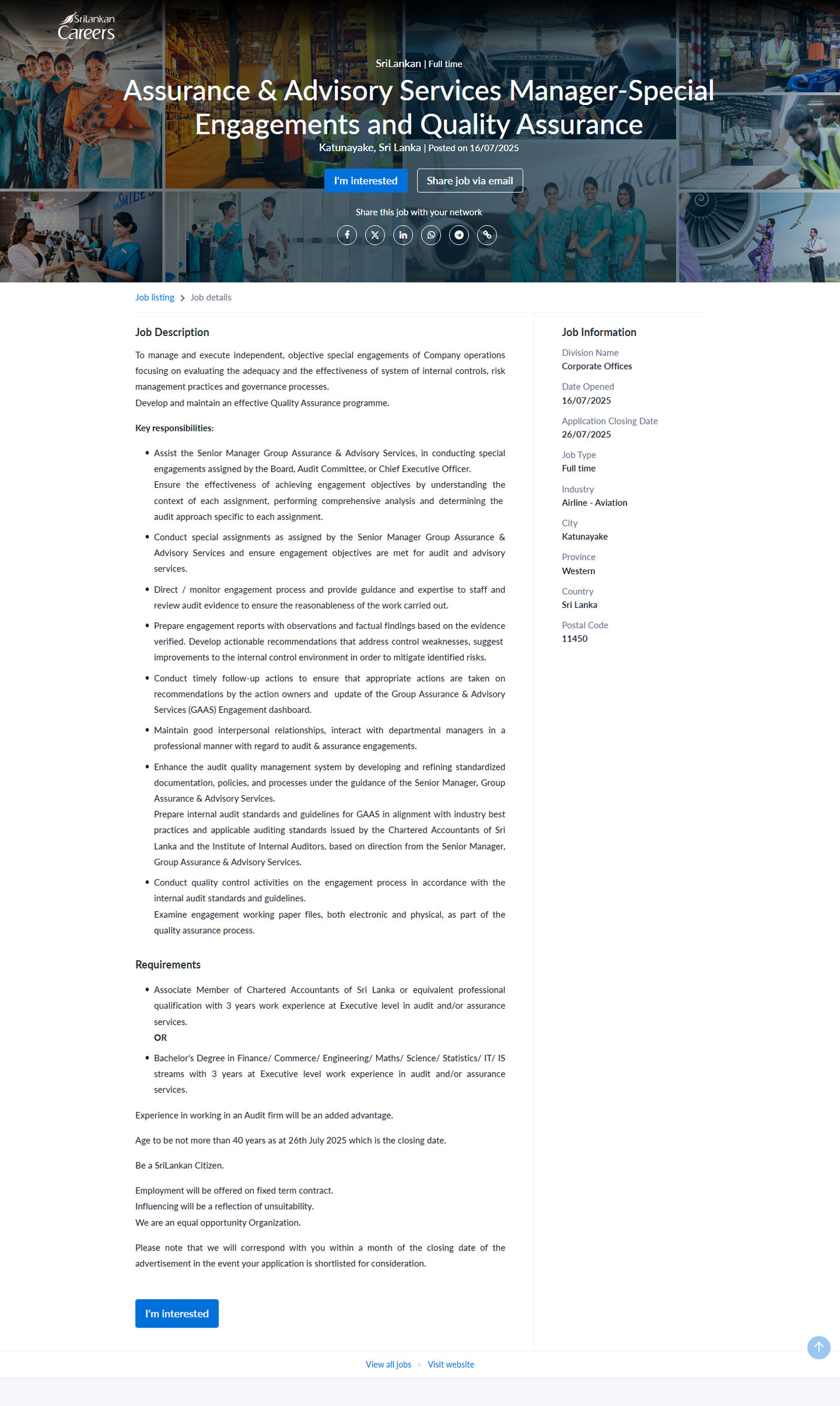 Assurance & Advisory Services Manager (Special Engagements & Quality Assurance) - Sri Lankan Airlines Limited