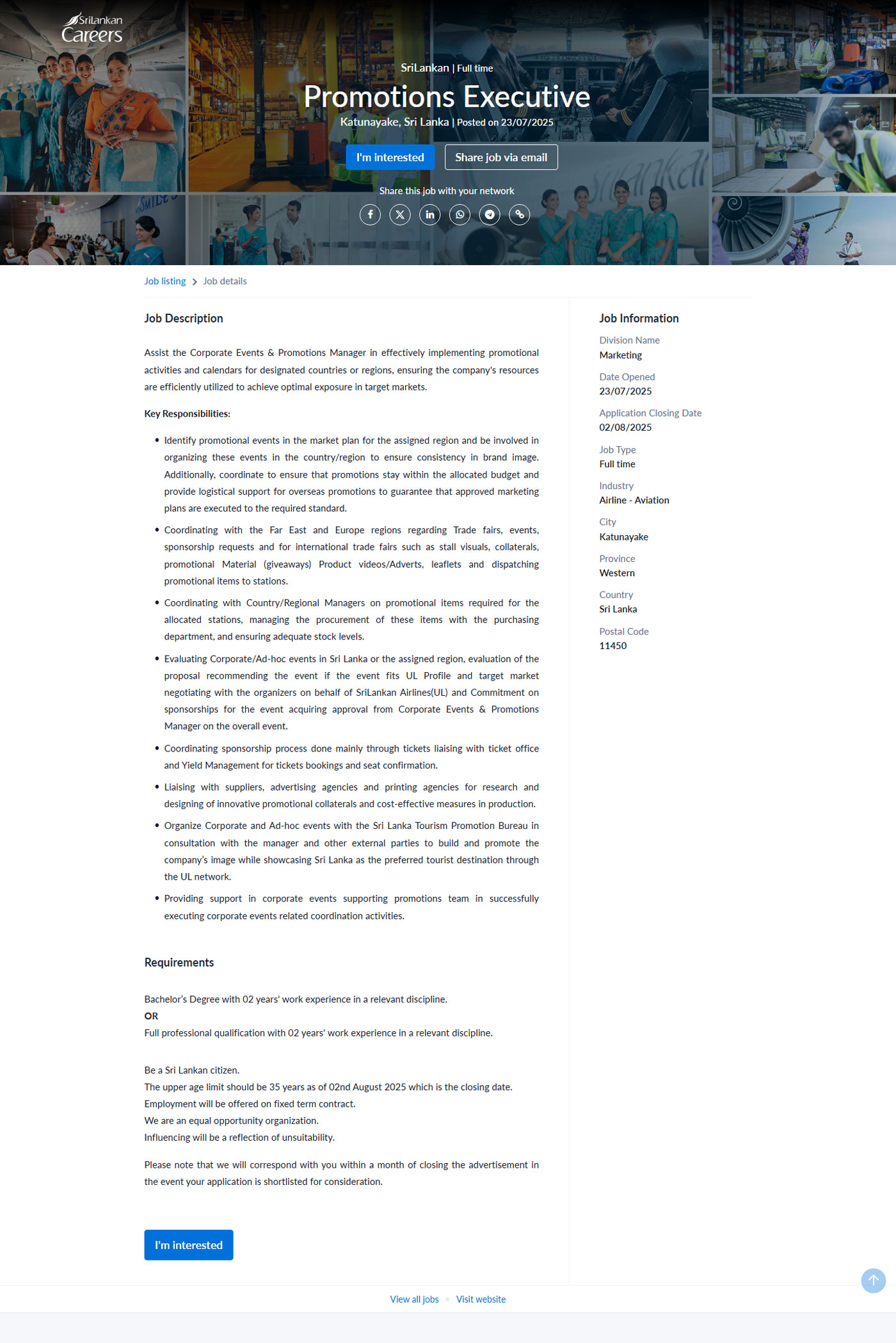 Promotions Executive - Sri Lankan Airlines Limited