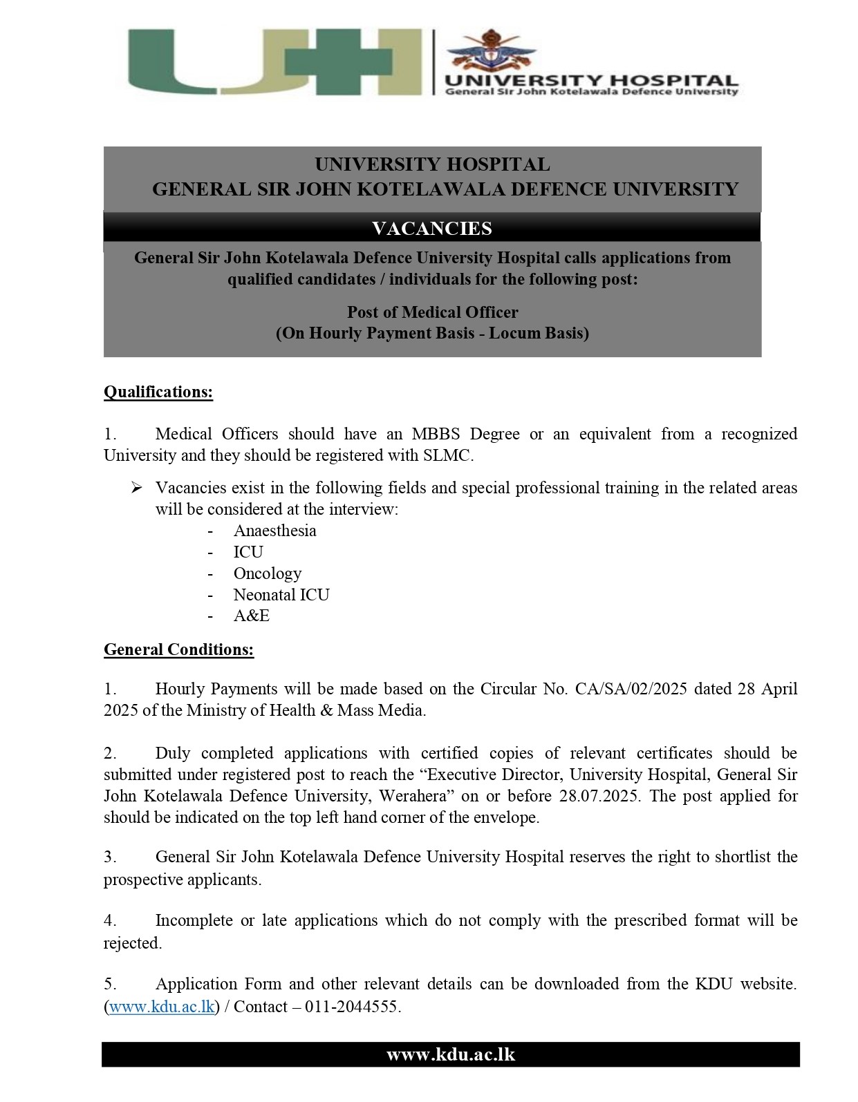 Medical Officer - University Hospital - General Sir John Kotelawala Defence University