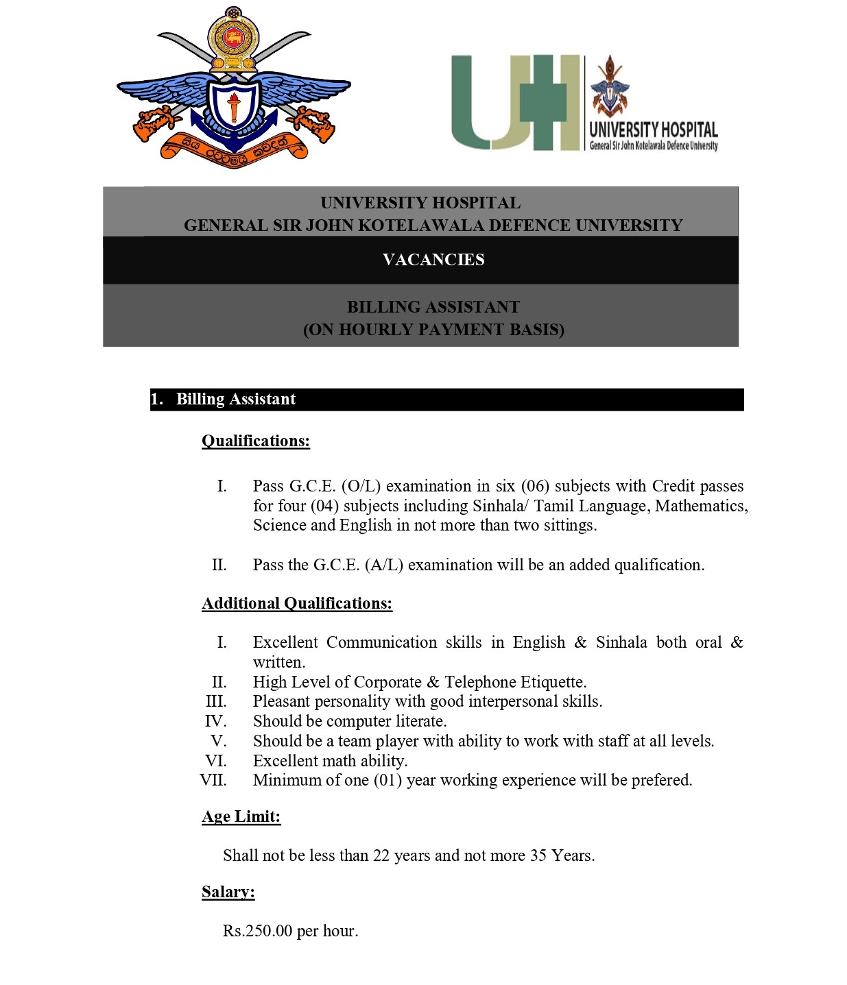 Billing Assistant - University Hospital - General Sir John Kotelawala Defence University