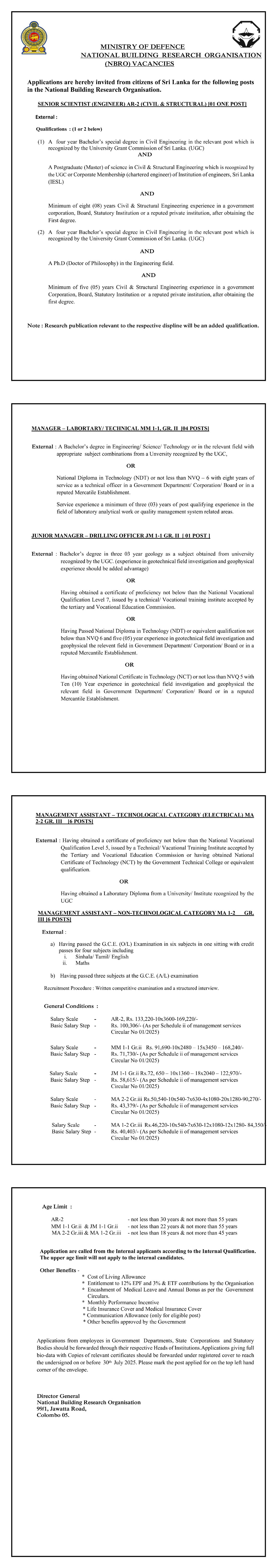 Management Assistant, Senior Scientist, Manager, Junior Manager - National Building Research Organization