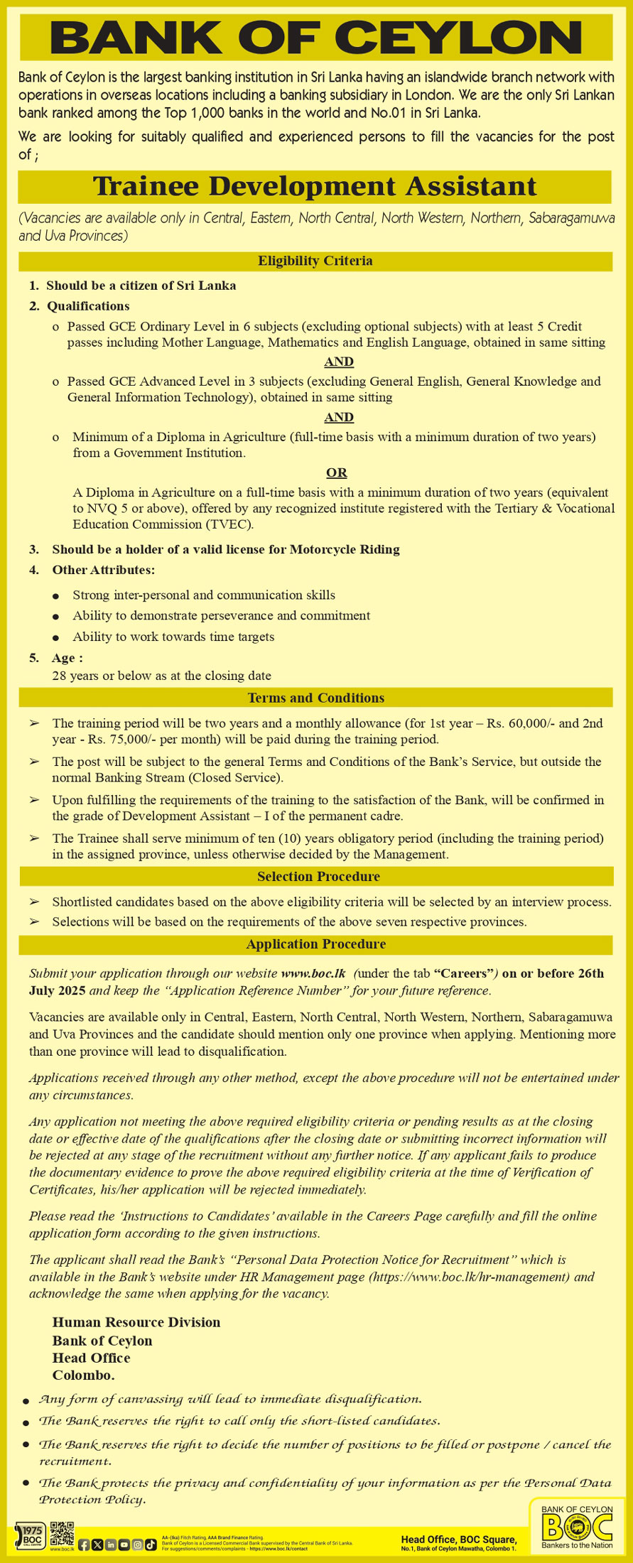 Trainee Development Assistant - Bank of Ceylon