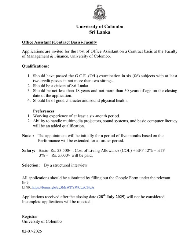 Office Assistant - University of Colombo