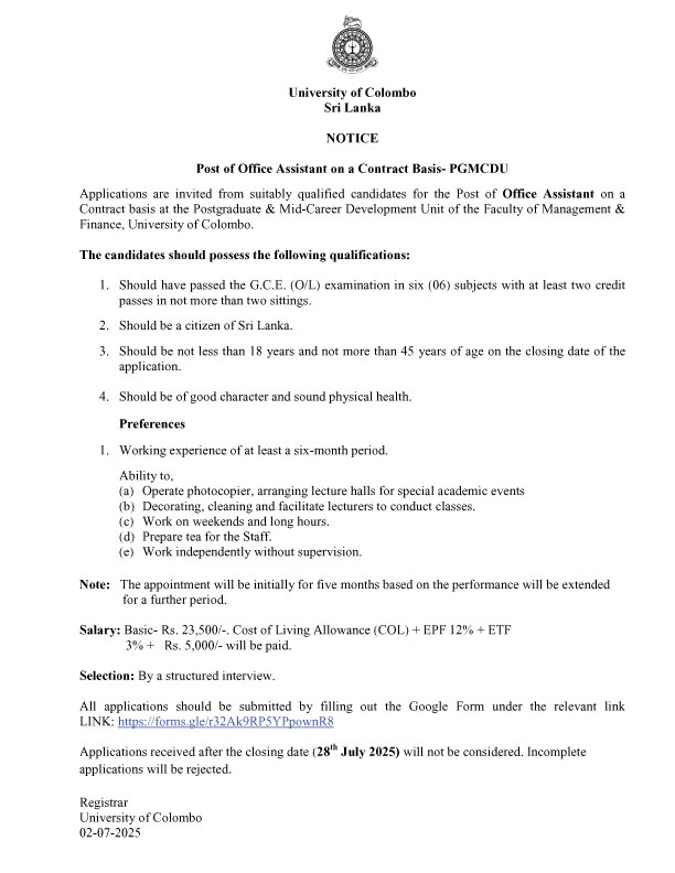 Office Assistant - University of Colombo