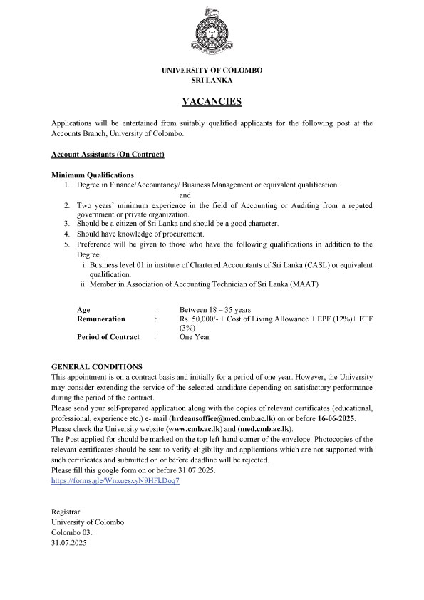 Account Assistant - University of Colombo