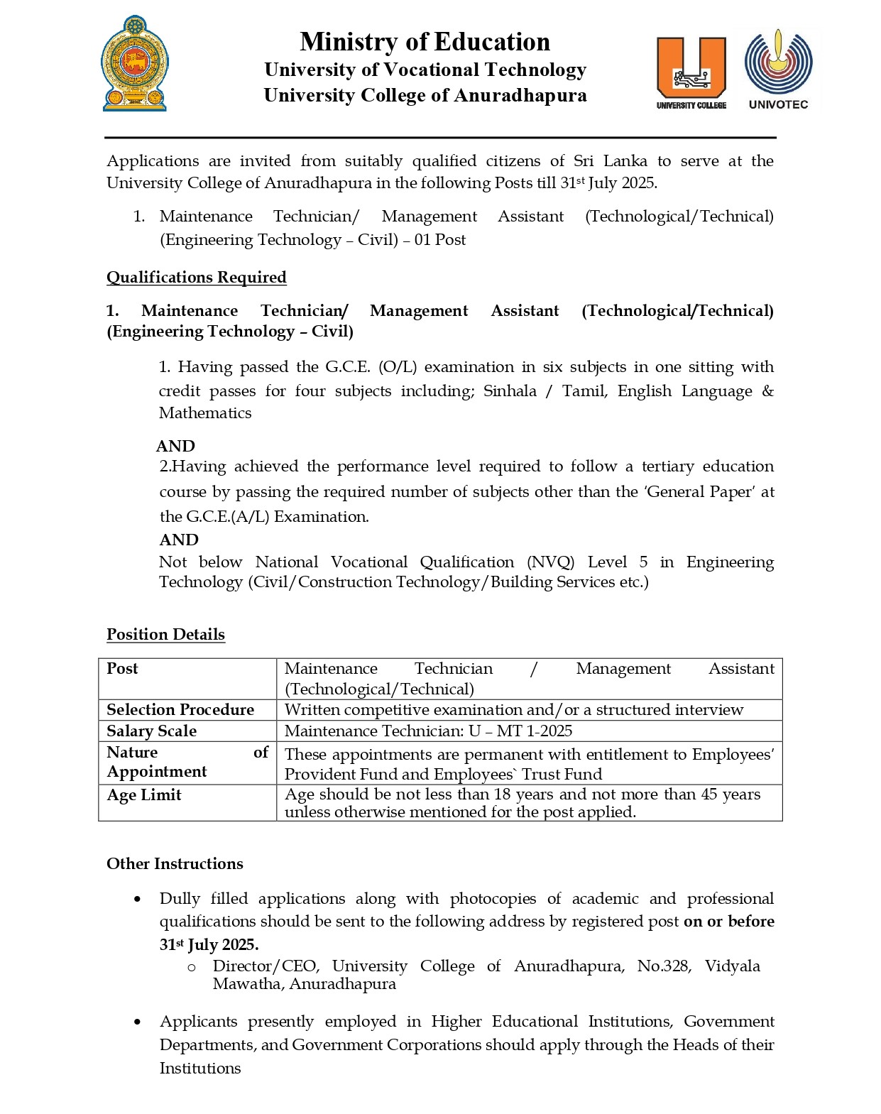 Maintenance Technician/Management Assistant - University College of Anuradhapura - University of Vocational Technology