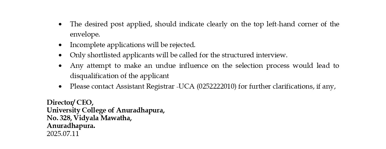 Maintenance Technician/Management Assistant - University College of Anuradhapura - University of Vocational Technology