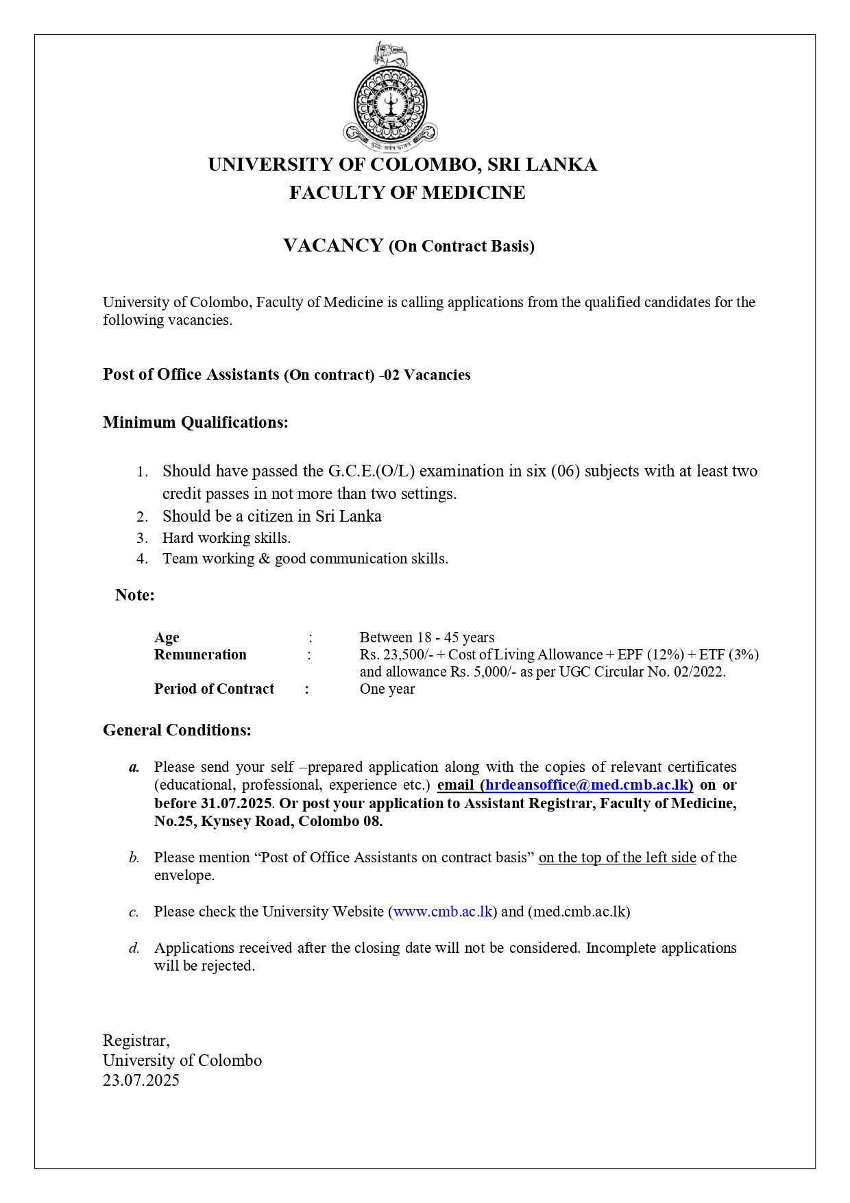 Office Assistant - University of Colombo