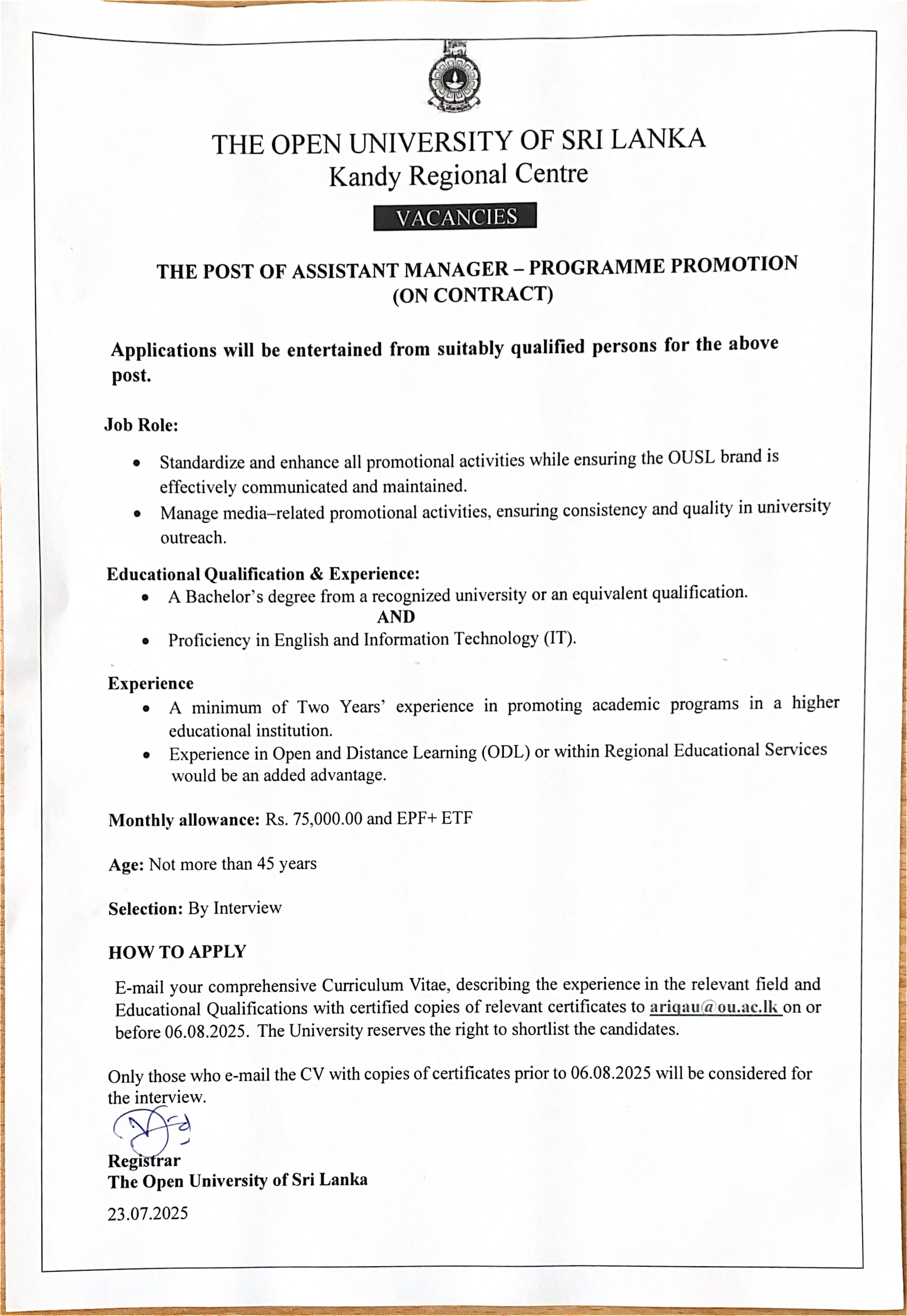 Assistant Manager - The Open University of Sri Lanka