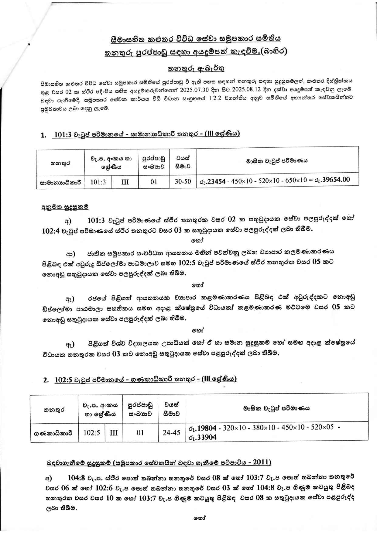 General Manager, Accountant, Secretary, Chief Internal Auditor, Audit Assistant - Kaluthara Multi Purpose Cooperative Society Ltd