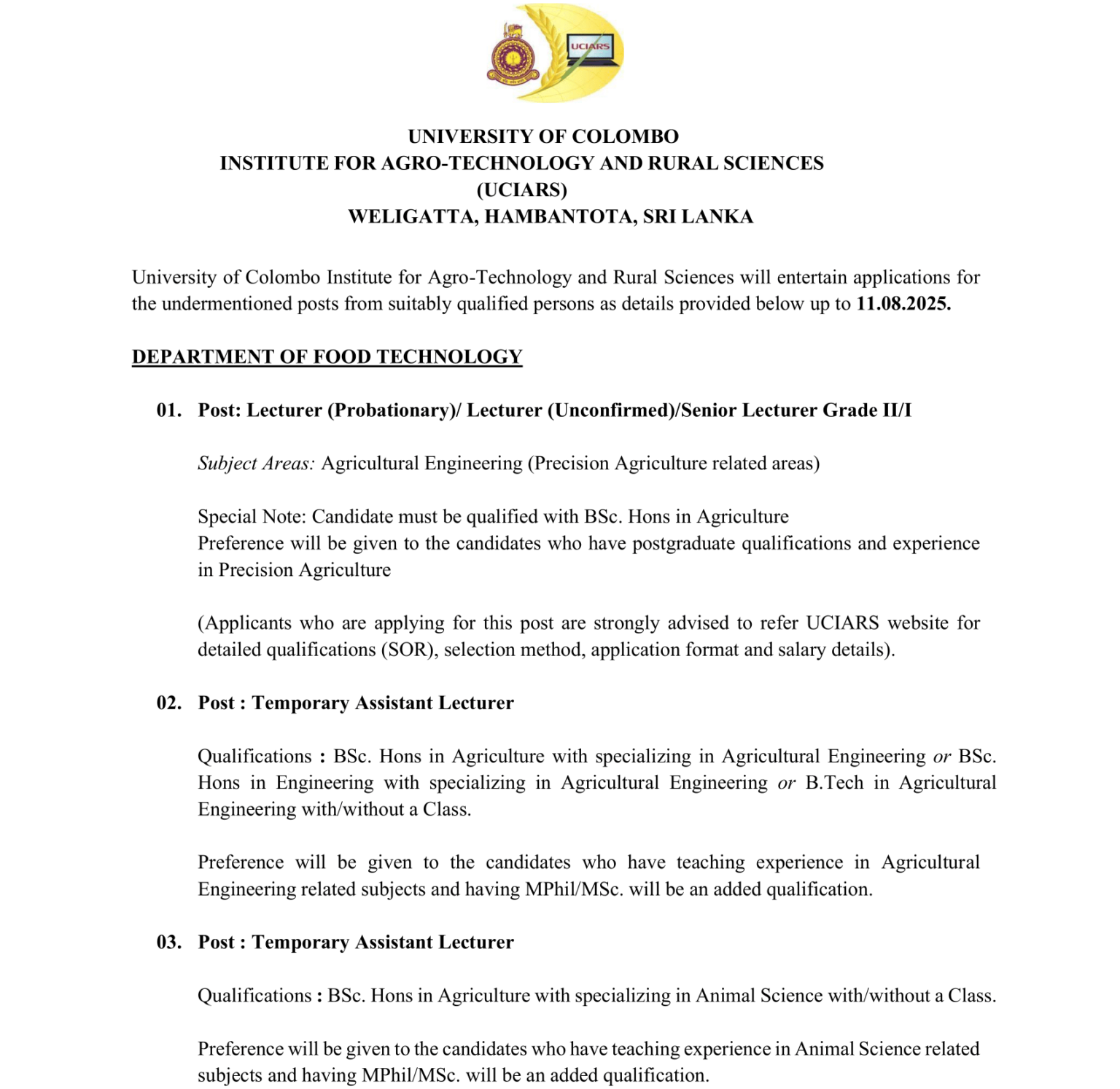 Farm Manager, Lecturer, Senior Lecturer, Temporary Assistant Lecturer - Institute for Agro Technology & Rural Sciences - University of Colombo