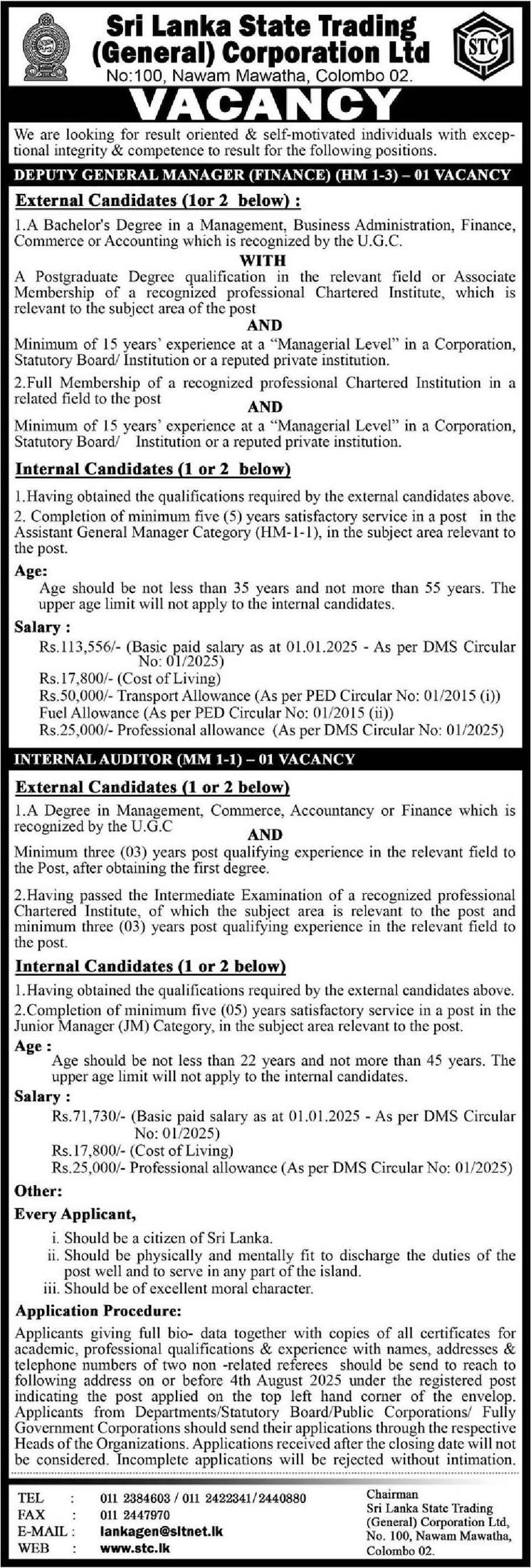 Deputy General Manager (Finance), Internal Auditor - Sri Lanka State Trading (General) Corporation Ltd 
