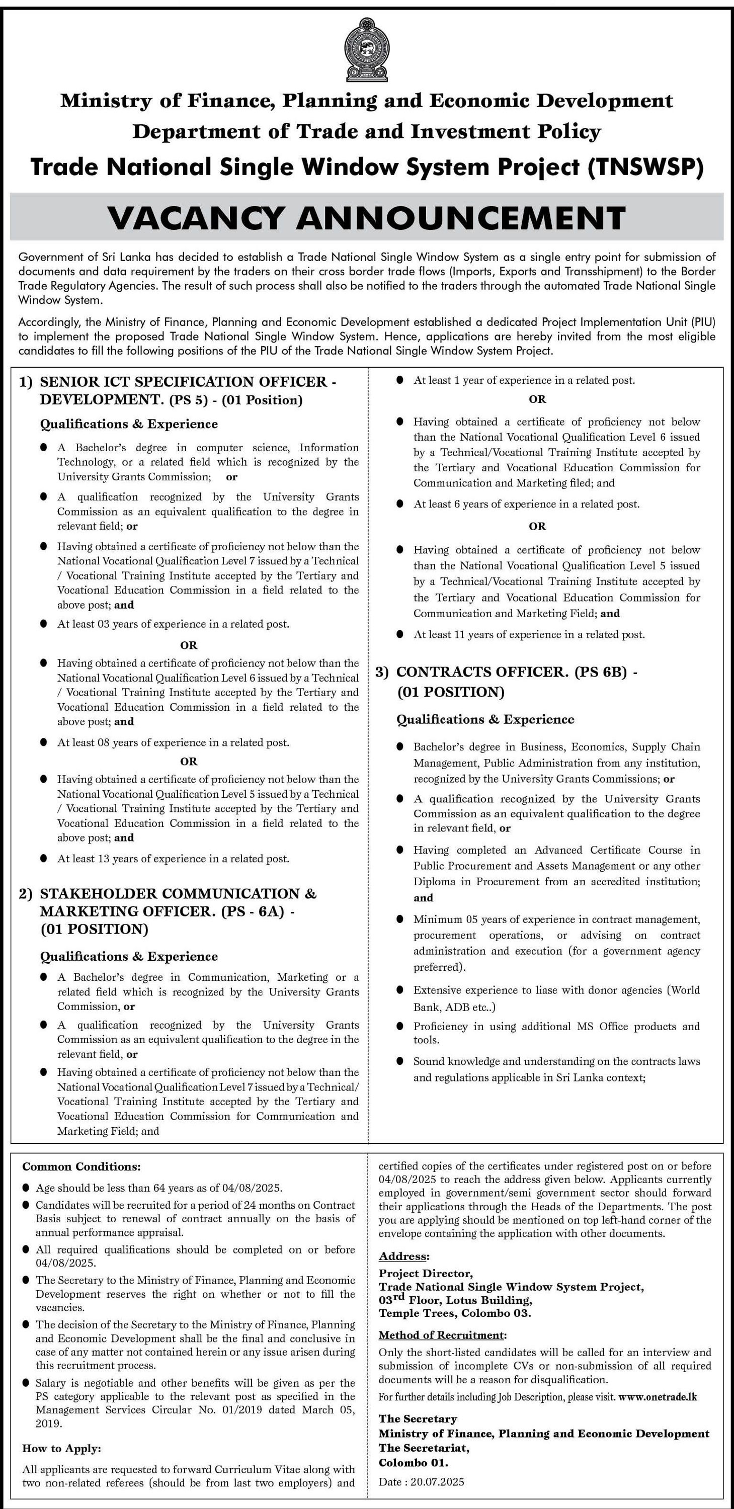 Senior ICT Specification Officer, Stakeholder Communication & Marketing Officer, Contracts Officer – Department of Trade and Investment Policy
