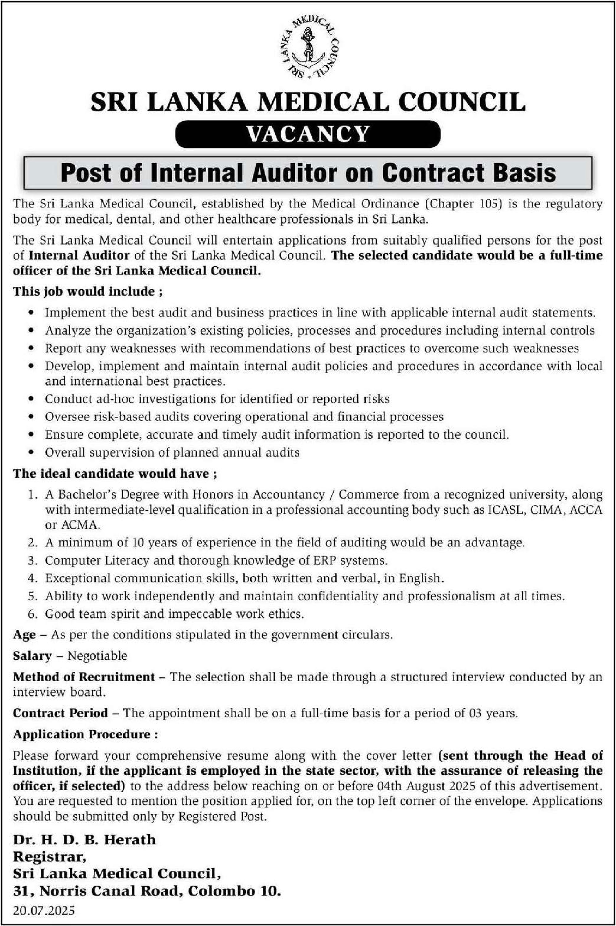 Internal Auditor - Sri Lanka Medical Council