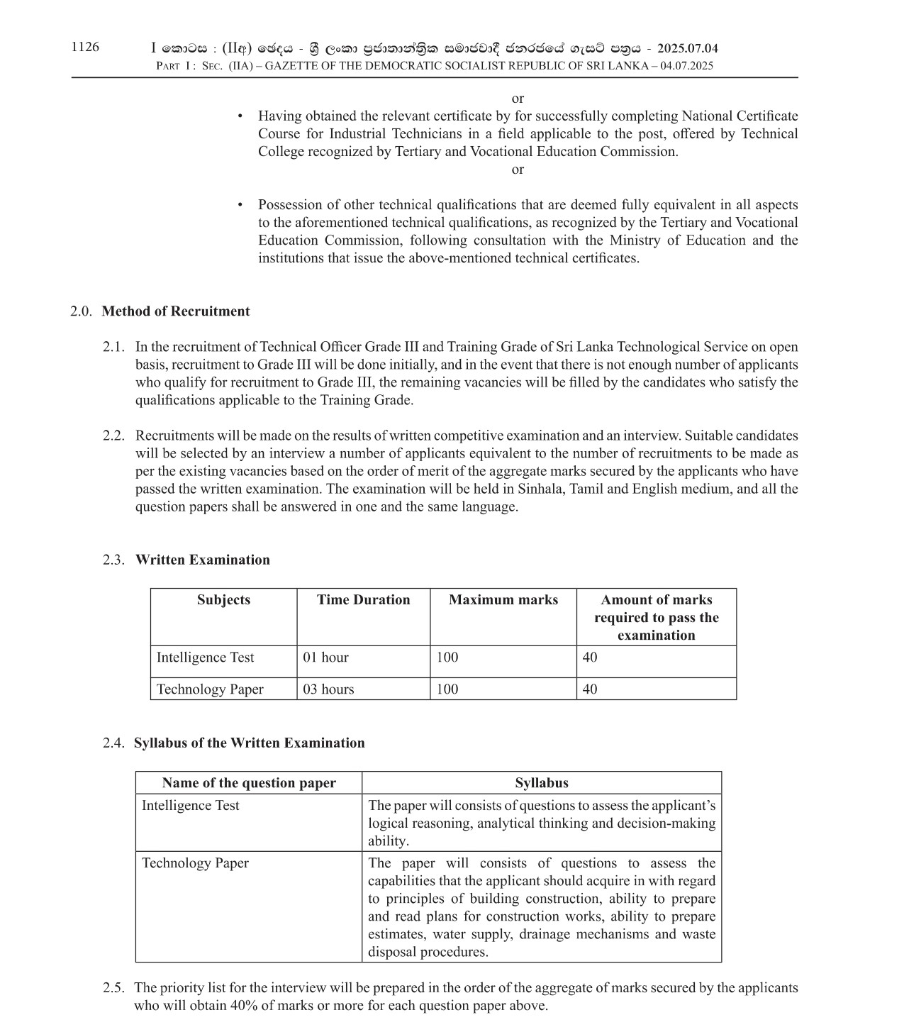Technical Officer (Open) - Ministry of Public Administration, Provincial Councils & Local Government