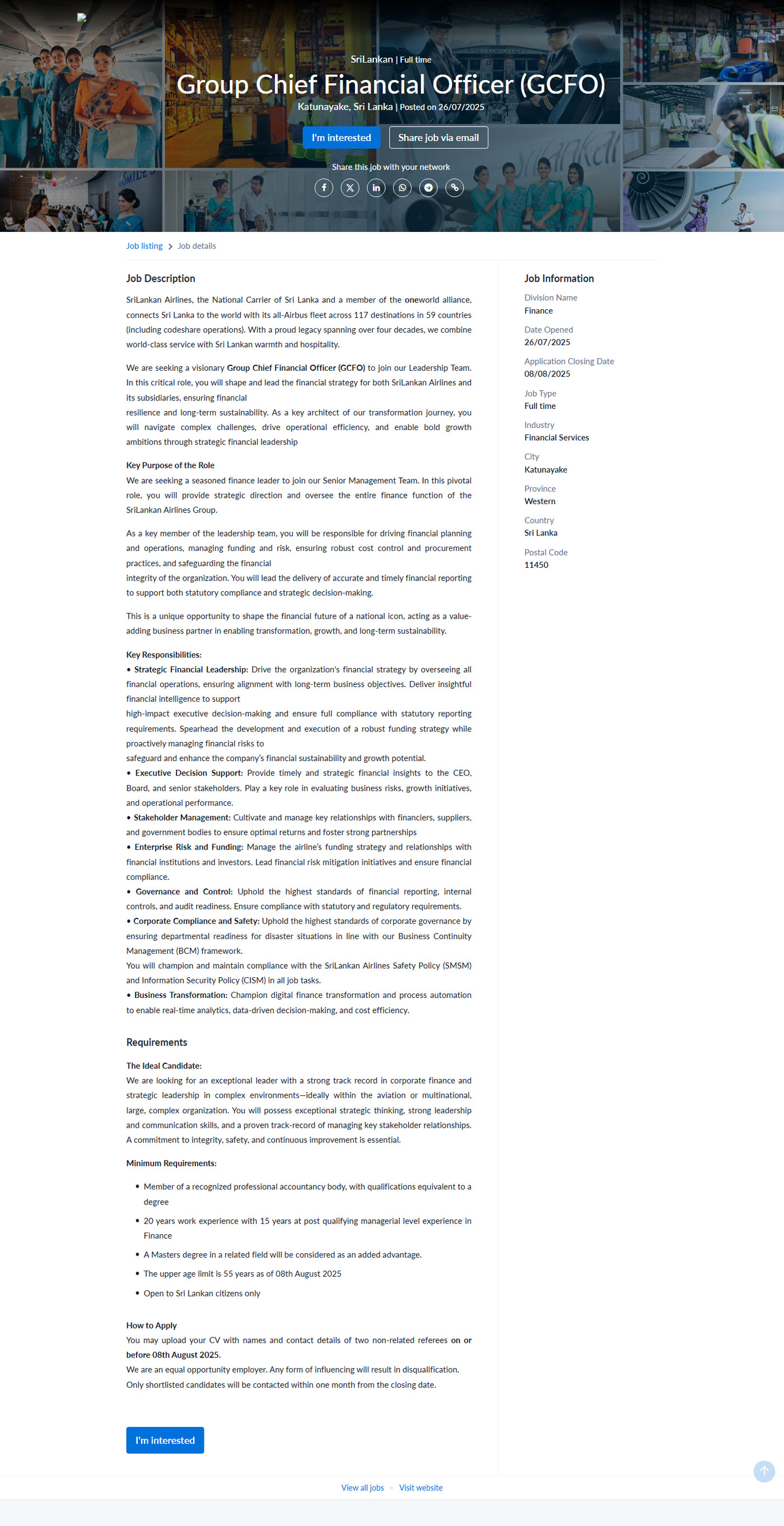 Group Chief Financial Officer - Sri Lankan Airlines Limited