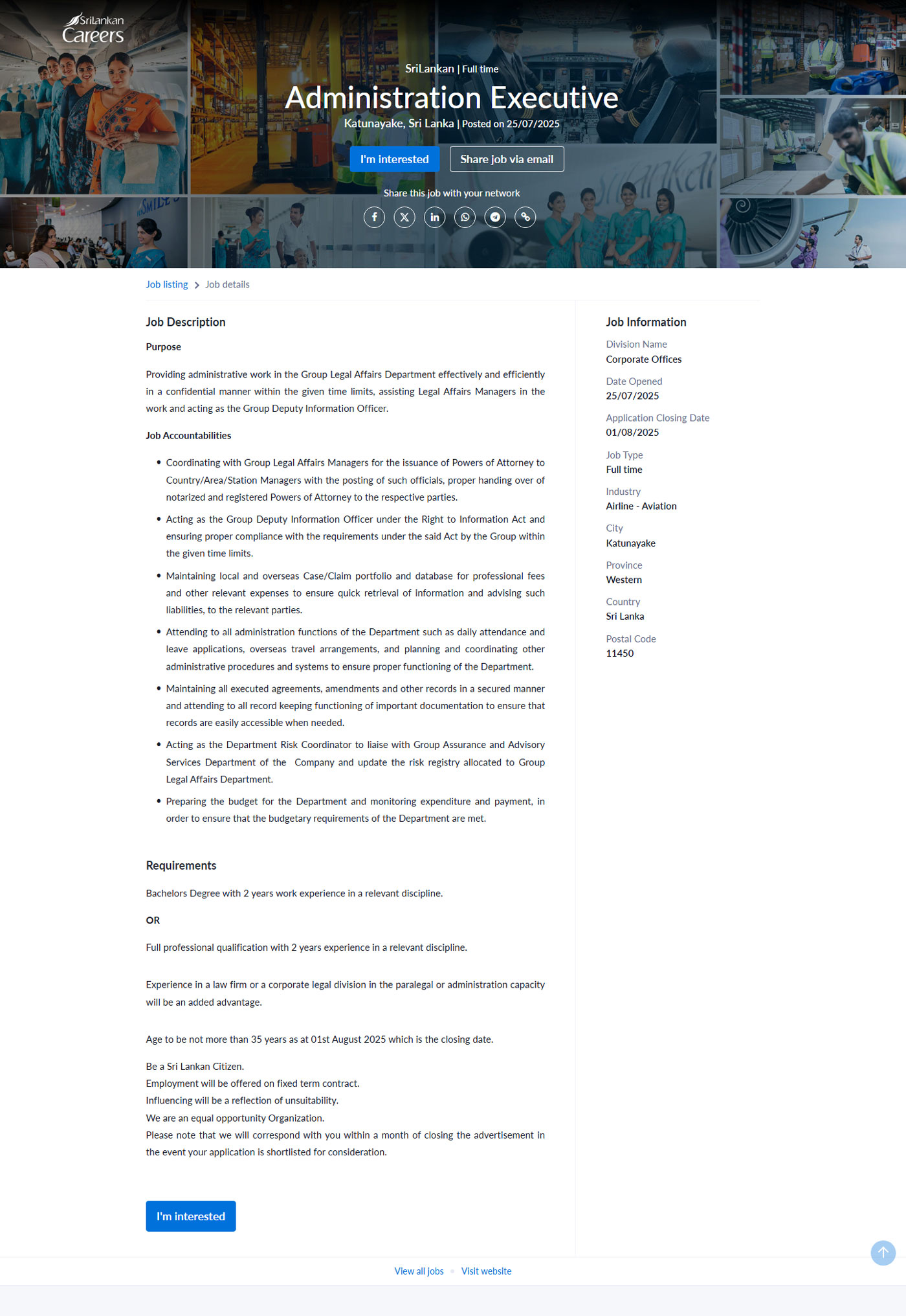 Administration Executive - Sri Lankan Airlines Limited