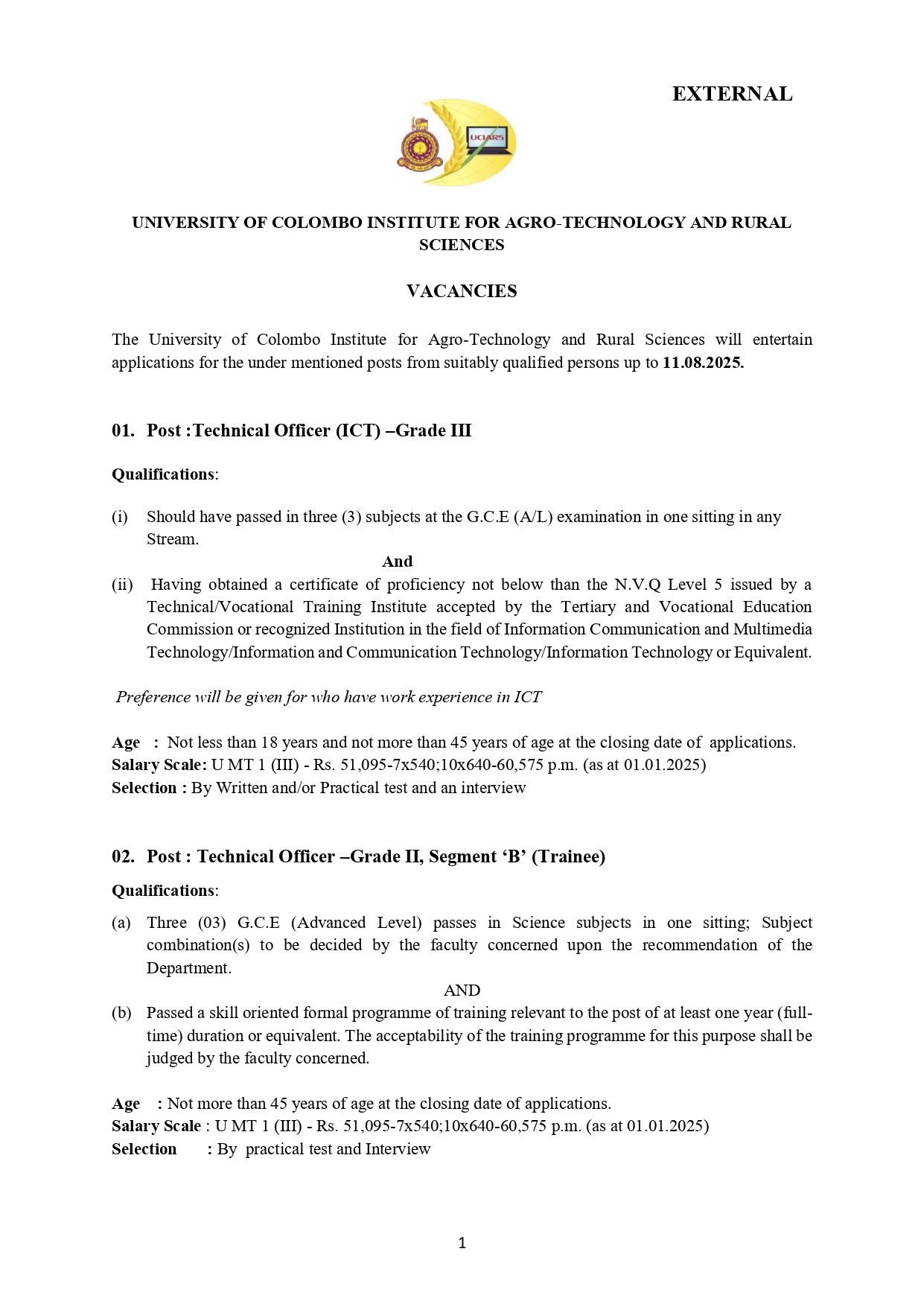 Management Assistant, Technical Officer, Sub Warden, Electrician, Works Aide, Laboratory Attendant – Institute for Agro Technology & Rural Sciences - University of Colombo