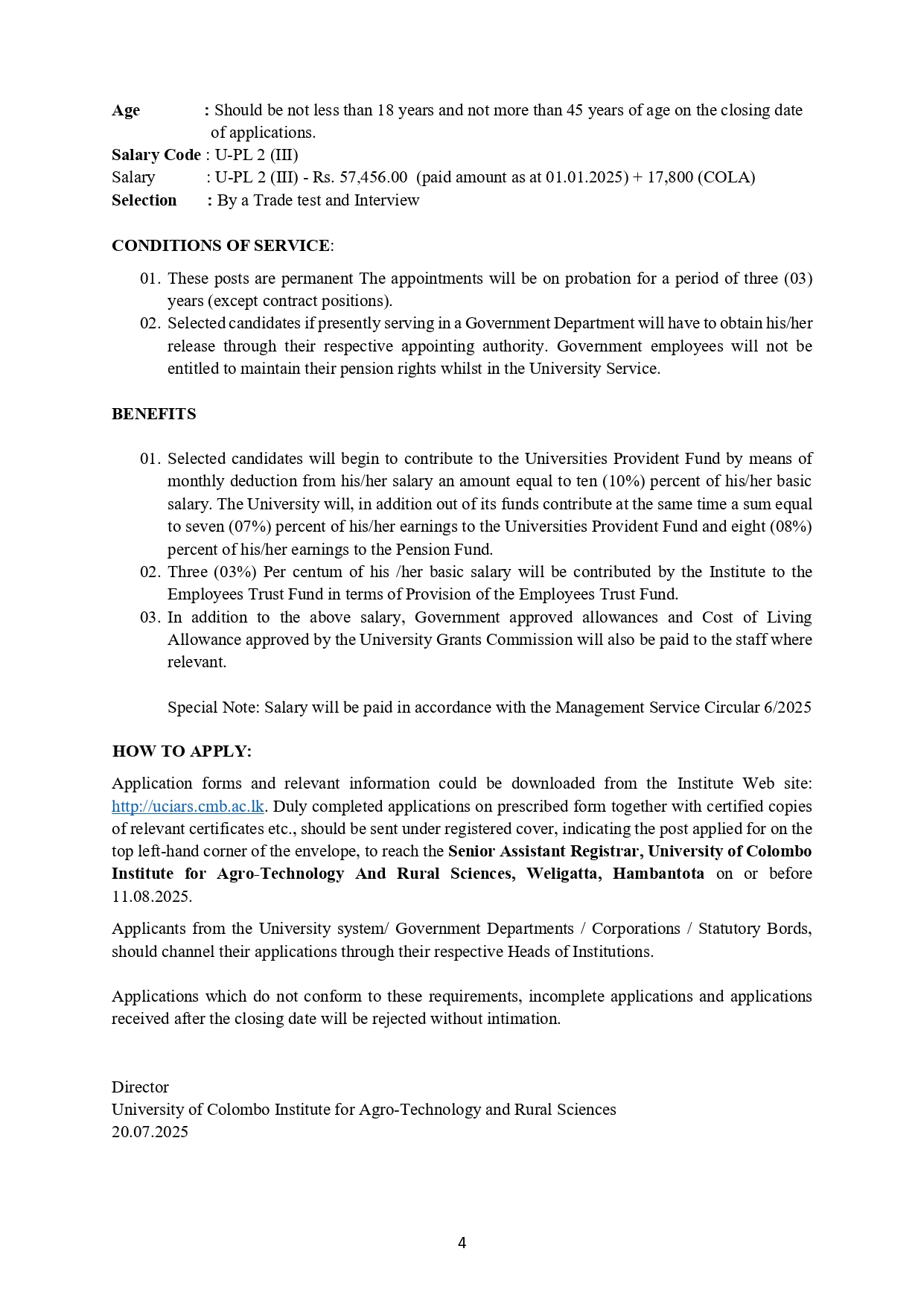 Management Assistant, Technical Officer, Sub Warden, Electrician, Works Aide, Laboratory Attendant – Institute for Agro Technology & Rural Sciences - University of Colombo