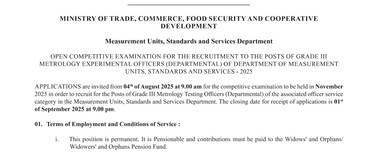 Metrology Experimental Officer (Open) - Measurement Units Standards & Services Department